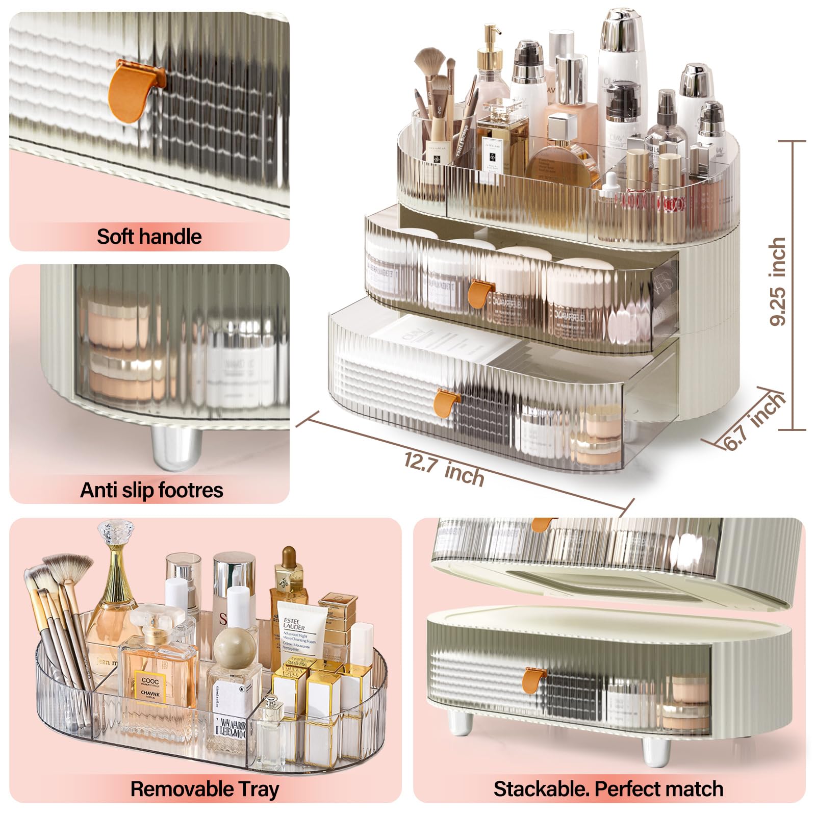 MEAJIO Makeup Organizer with 2 Drawers and 1 Clear Tray, Stackable Cosmetic Organizers and Skincare Storage box for Vanity and Countertop