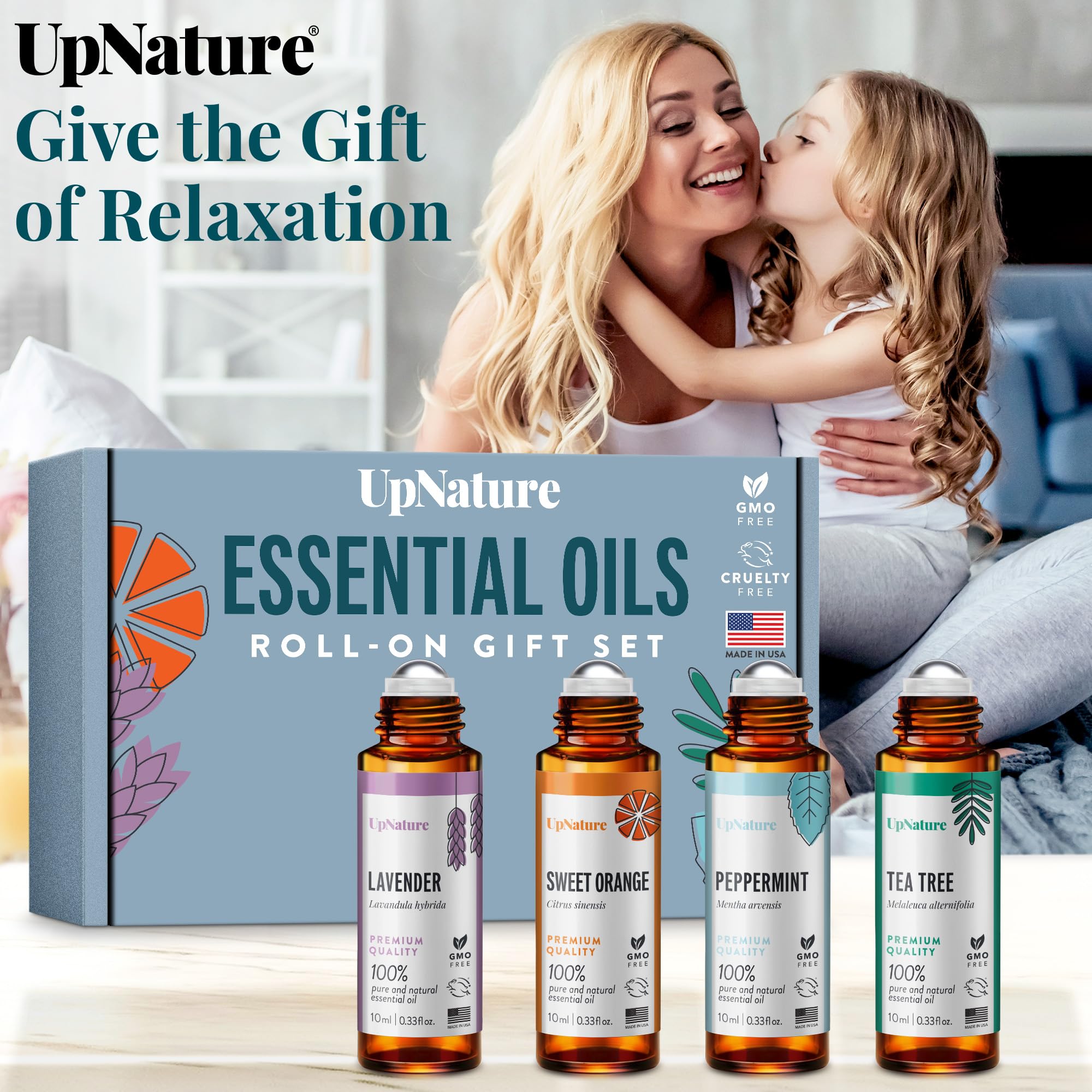 UpNature Top 4 Essential Oil Roll On Gift Set - Peppermint, Lavender, Tea Tree, Sweet Orange -Gift for Mom, Women & Men, Relaxing Gifts for Mom, Women & Men Essential Oil Set, Stocking Stuffer