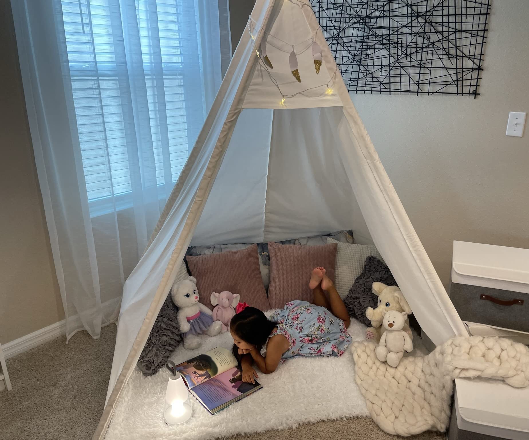 Betterhood 7' Large Teepee Tent for Adults, Play Tent with Carry Bag, 5 Sides Canvas Kids Teepee Tent Indoor & Outdoor Tents for Party, Wedding, Photo Prop, White