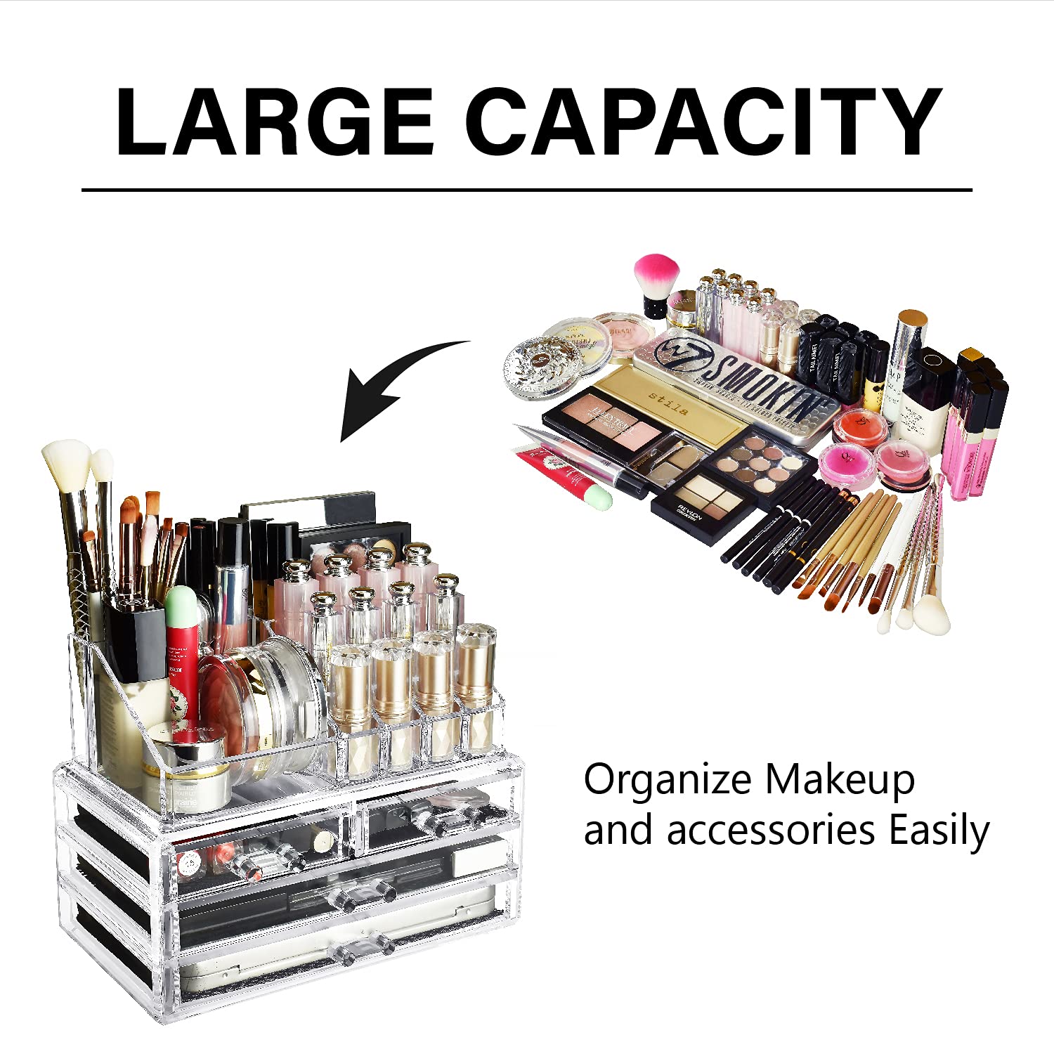 Ikee Design Acrylic Makeup Organizer with 4 Drawers and Removable Top Lipstick Holders, Ideal for Make-up or Accessories,Enhance Your Vanity or Bathroom with Clear Design for Quick Visibility