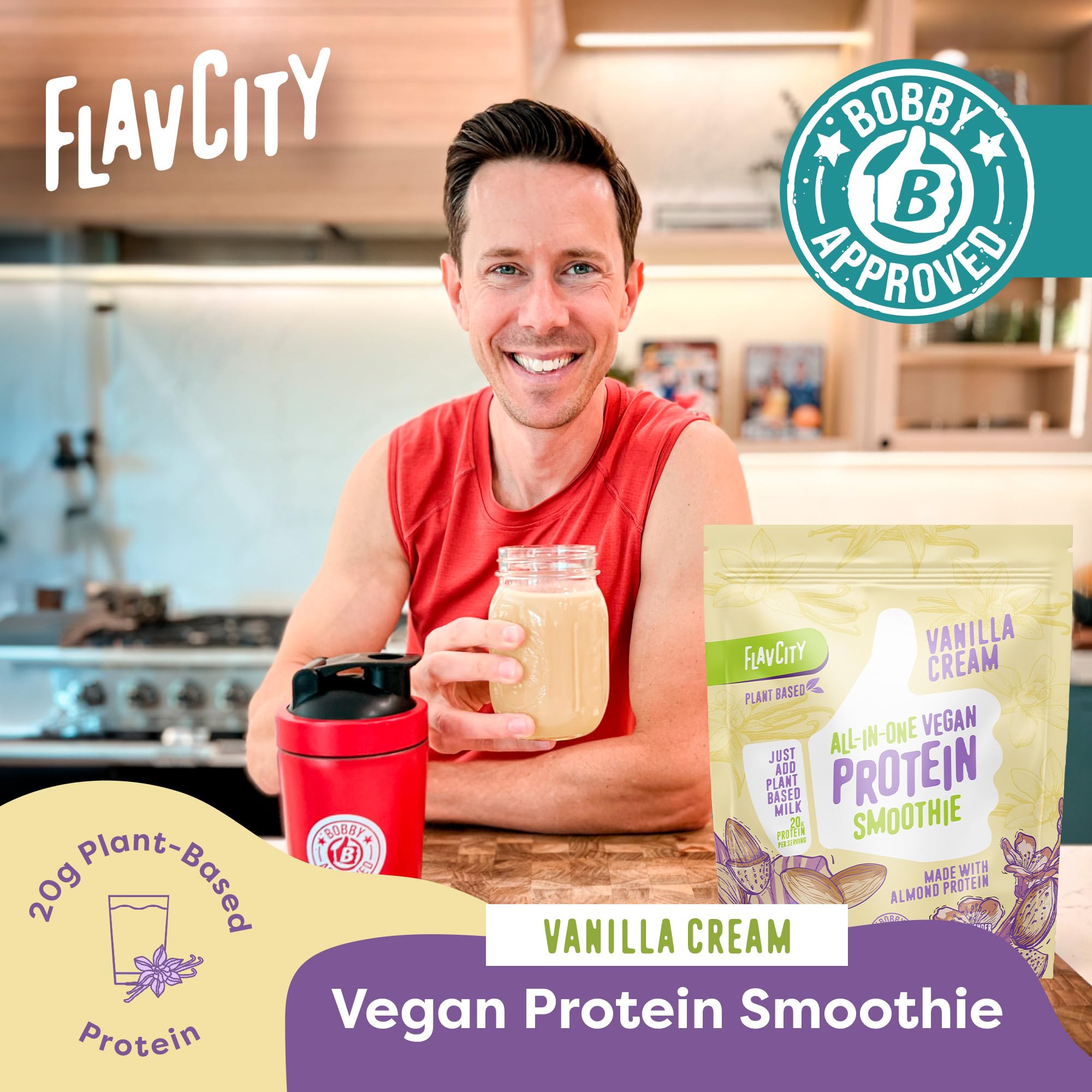 FlavCity All-in-One Vegan Protein Powder Smoothie, Vanilla - Plant-Based Pre-Workout Meal Replacement Shake for Women & Men Made with 20g of Almond Protein - Gluten Free & Dairy-Free