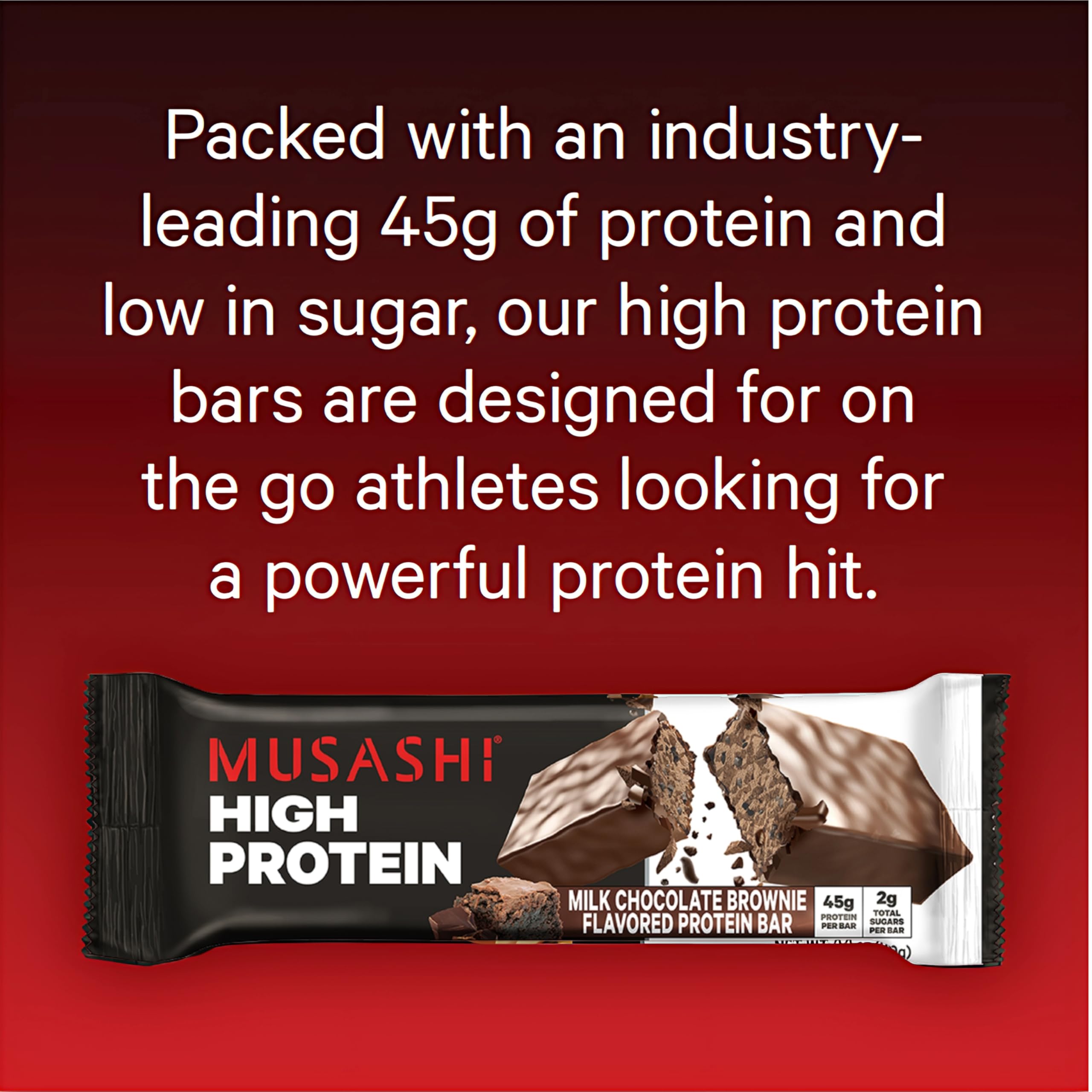 MUSASHI High Protein Bar, 45g Protein, 2g Total Sugars, Milk Chocolate Brownie, Post Workout and Protein Snack On The Go, 12 Pack of 3.2oz (90g) Bars