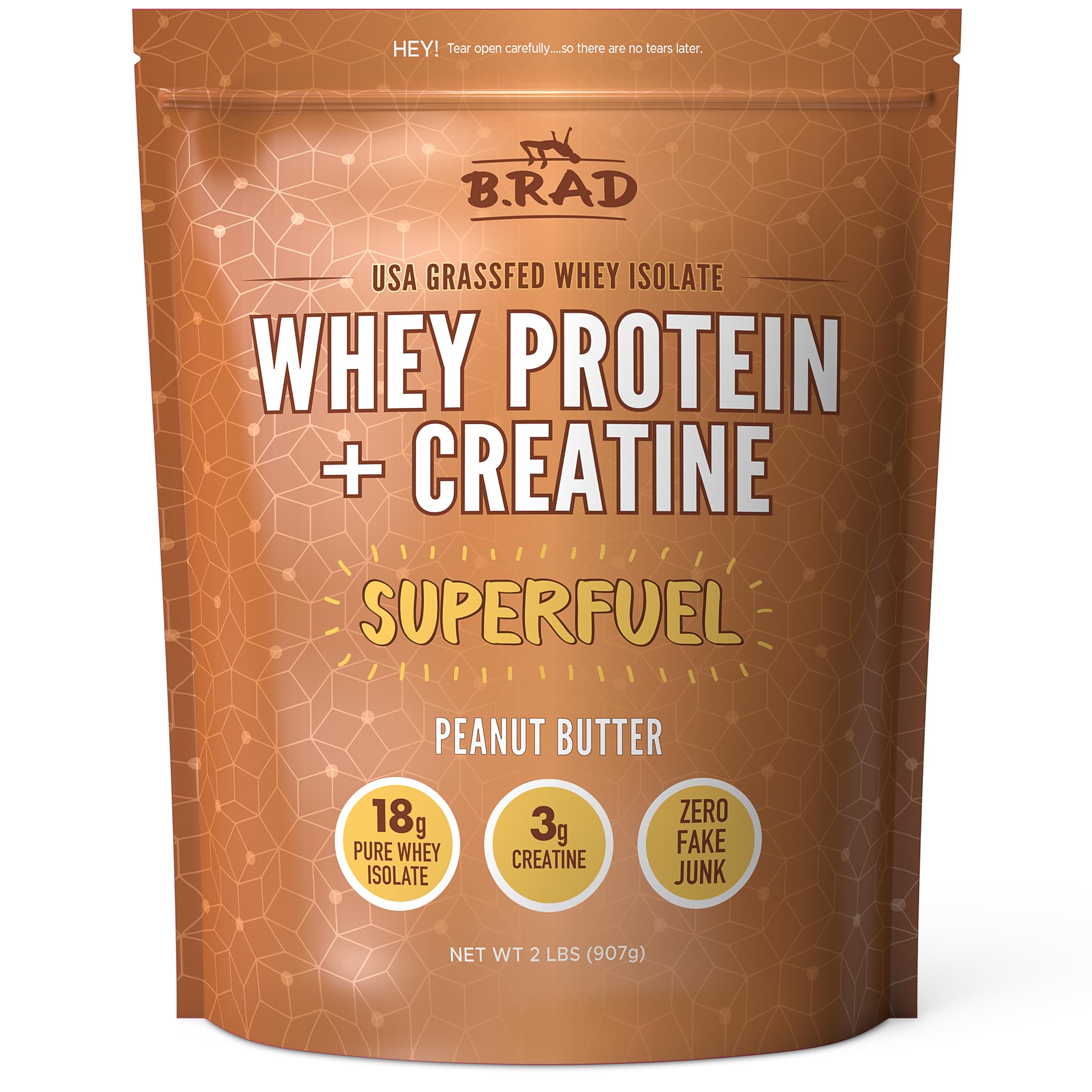 B.rad Grass-Fed Whey Protein Isolate Powder with Creatine | All-Natural, Ultra-Pure, Clean Ingredients | 100% USA-Sourced Superfuel | 2 Pounds | Peanut Butter