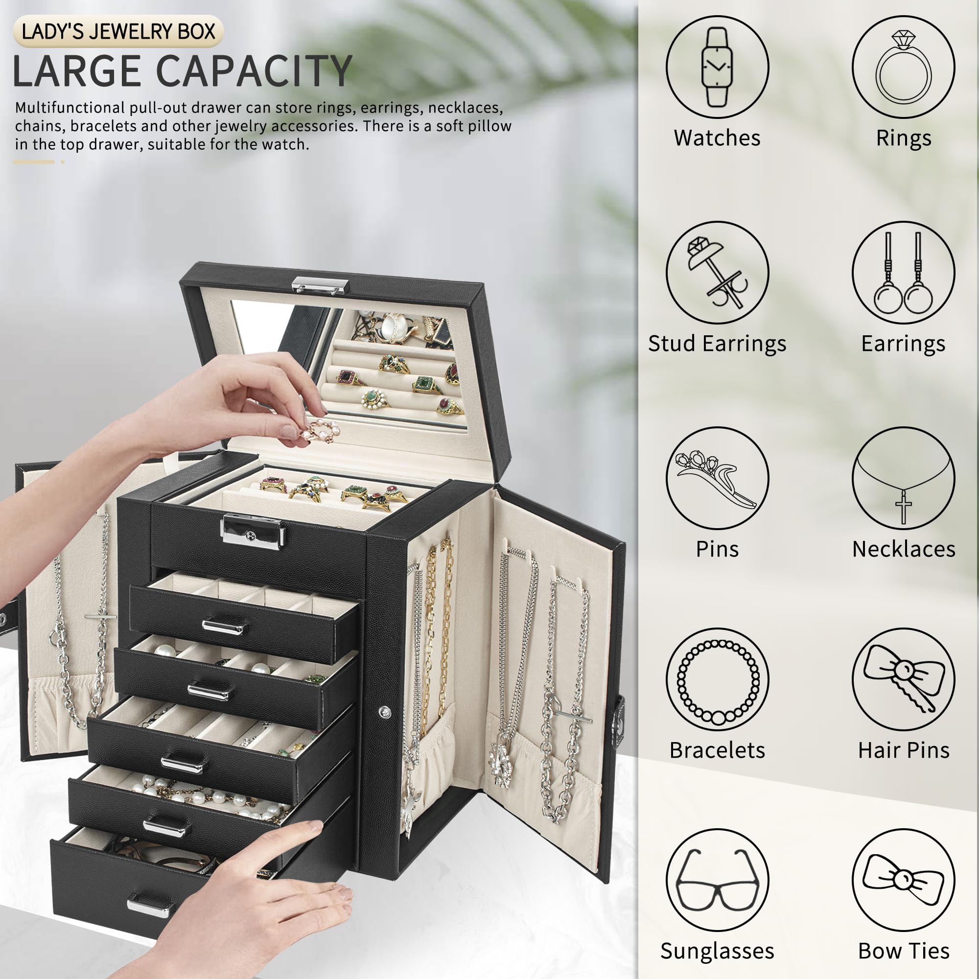 AKOZLIN 6 Layer Jewelry Box Lockable Leather Jewelry Storage Case with 5 Drawers for Women Girls Ring Necklace Earring Bracelet Holder Organizer with Mirror