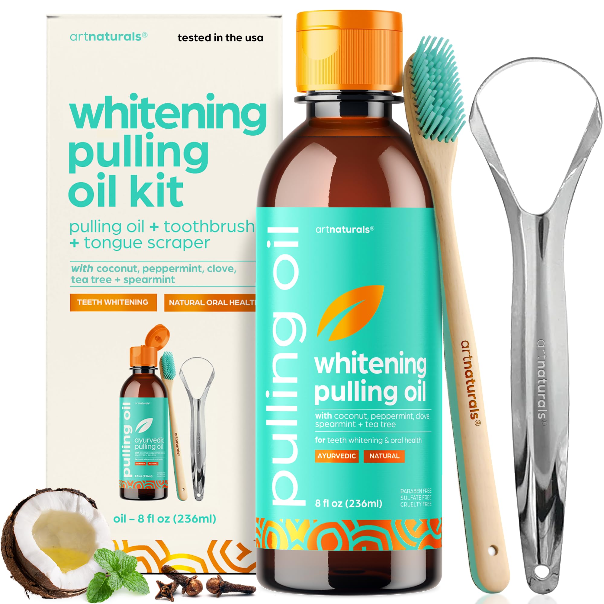 artnaturals Coconut Oil Pulling (8oz) Tongue Scraper & Toothbrush Set - Alcohol-Free Mouthwash - Infused with Magnesium & Peppermint for Teeth Whitening & Fresh, Healthy Breath and Gums