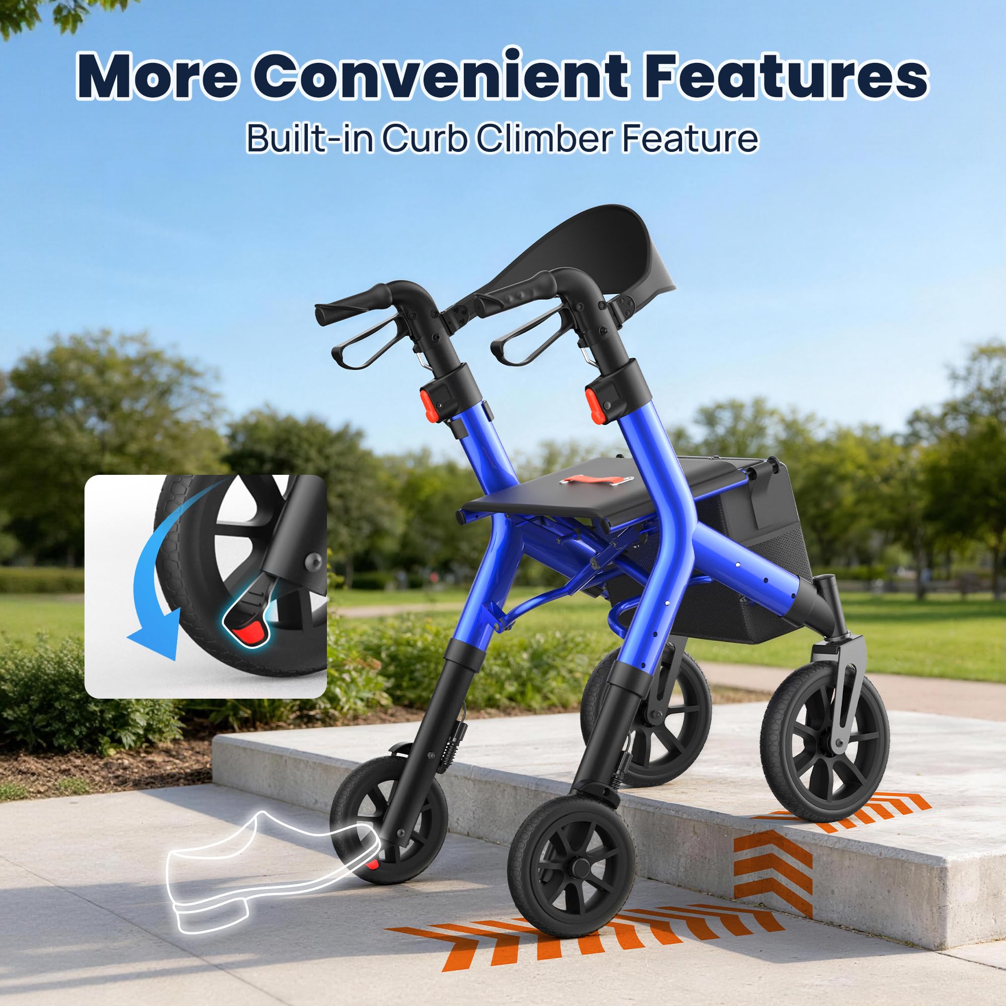 WALK MATE Rollator Walker for Seniors 5.3~7ft Tall, Height-Adjustable Seat, Built-in Cable, 10 Inch Wheels, 16.5 lb Lightweight & Compact Folding Design, 300 lb Capacity, Blue