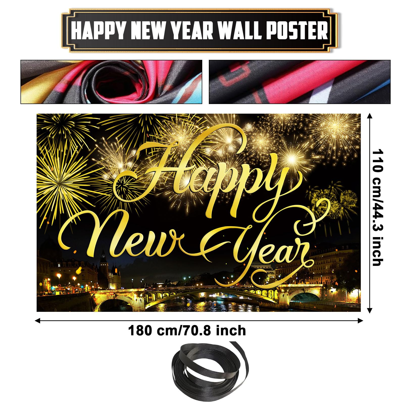 Happy New Year Party Backdrop Fabric Sign Poster Banner with Pattern Firework for New Year Party Decoration Photo Props Background Supplies