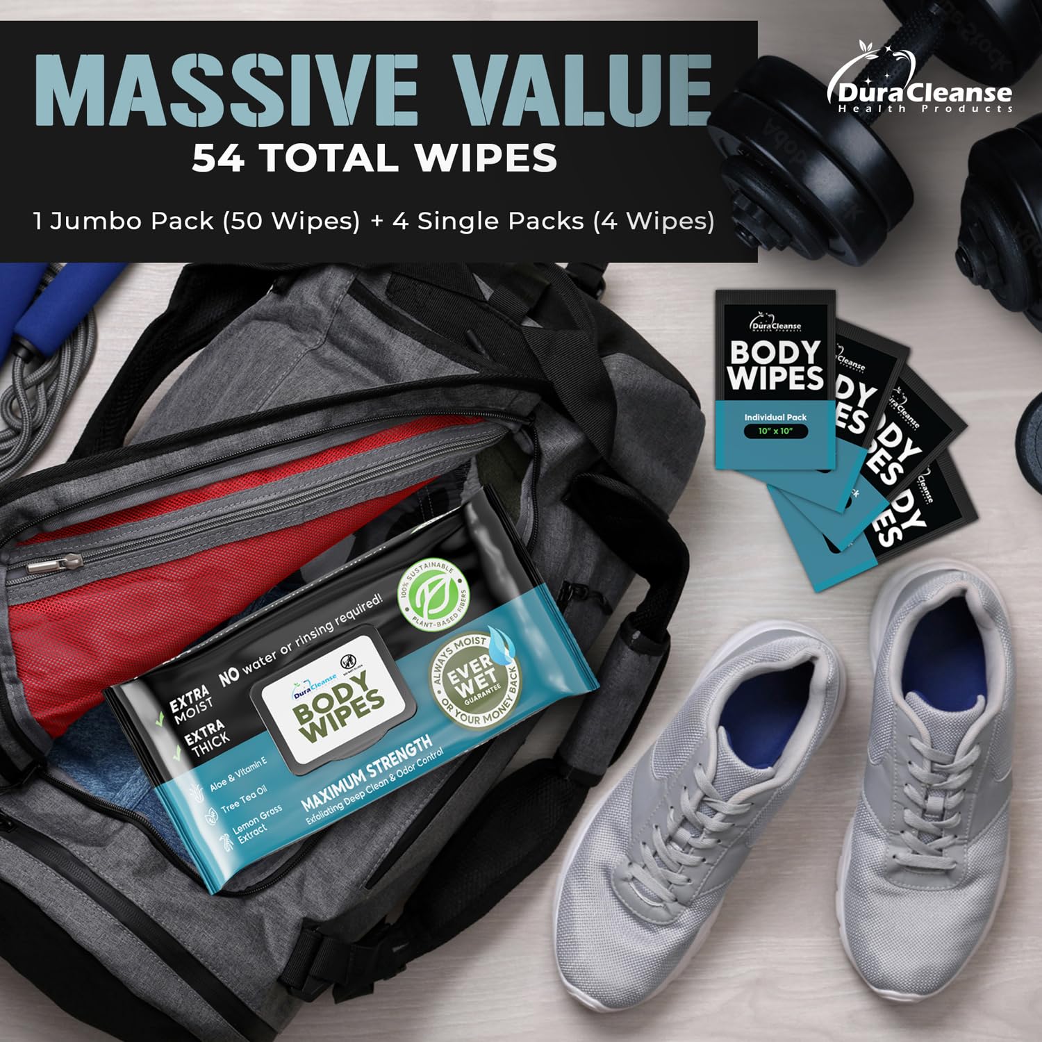 Body Wipes for Men - 50 XL No Rinse Shower Wipes + 4 Travel Bath Wipes - 9"x12" After Gym Wipes - Mens Deodorant Wipes - Face Wipes for Men -For Camping Essentials, Survival Gear and Supplies