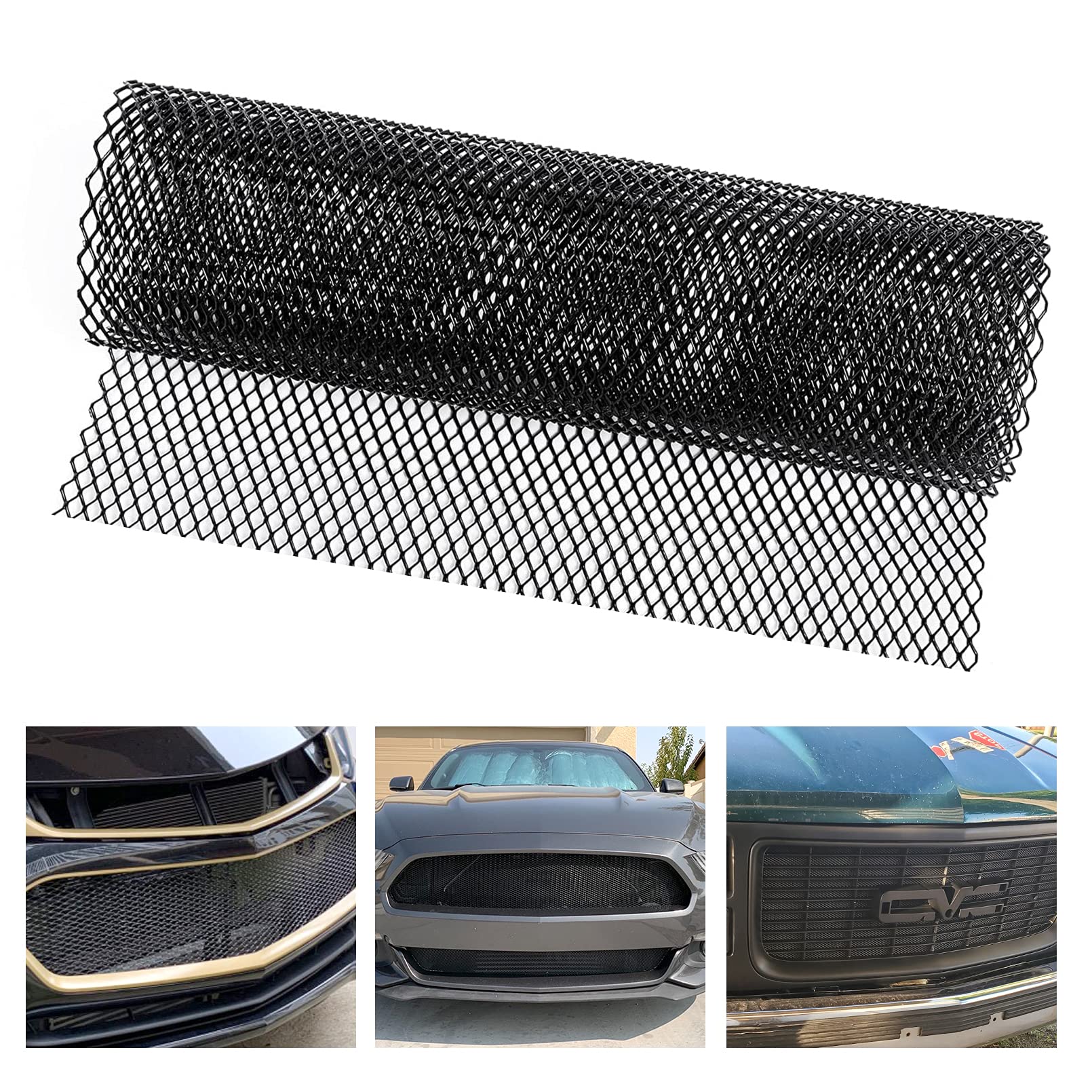 Universal Car Grill Mesh 40" x 13", Black-Painted Aluminum Alloy Automotive Grille Insert, Multifunctional Grille Mesh Roll (3 x 6mm Rhombic Hole)