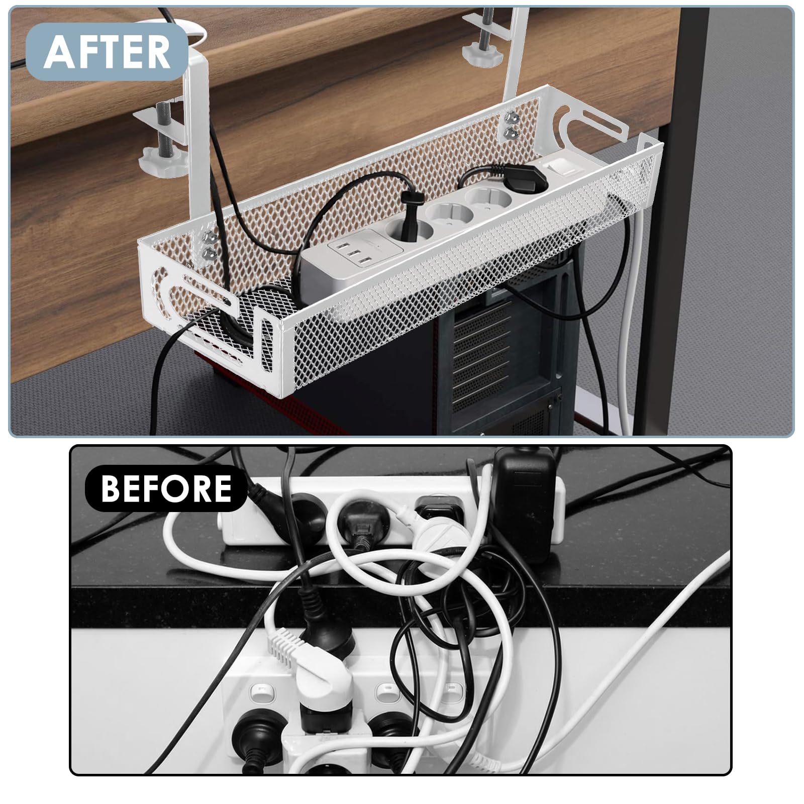 Under Desk Cable Management Tray, Cable Management Under Desk No Drill, Cable Management Tray with Desk Clamp for Home Office Standing Desk Wire Management, White