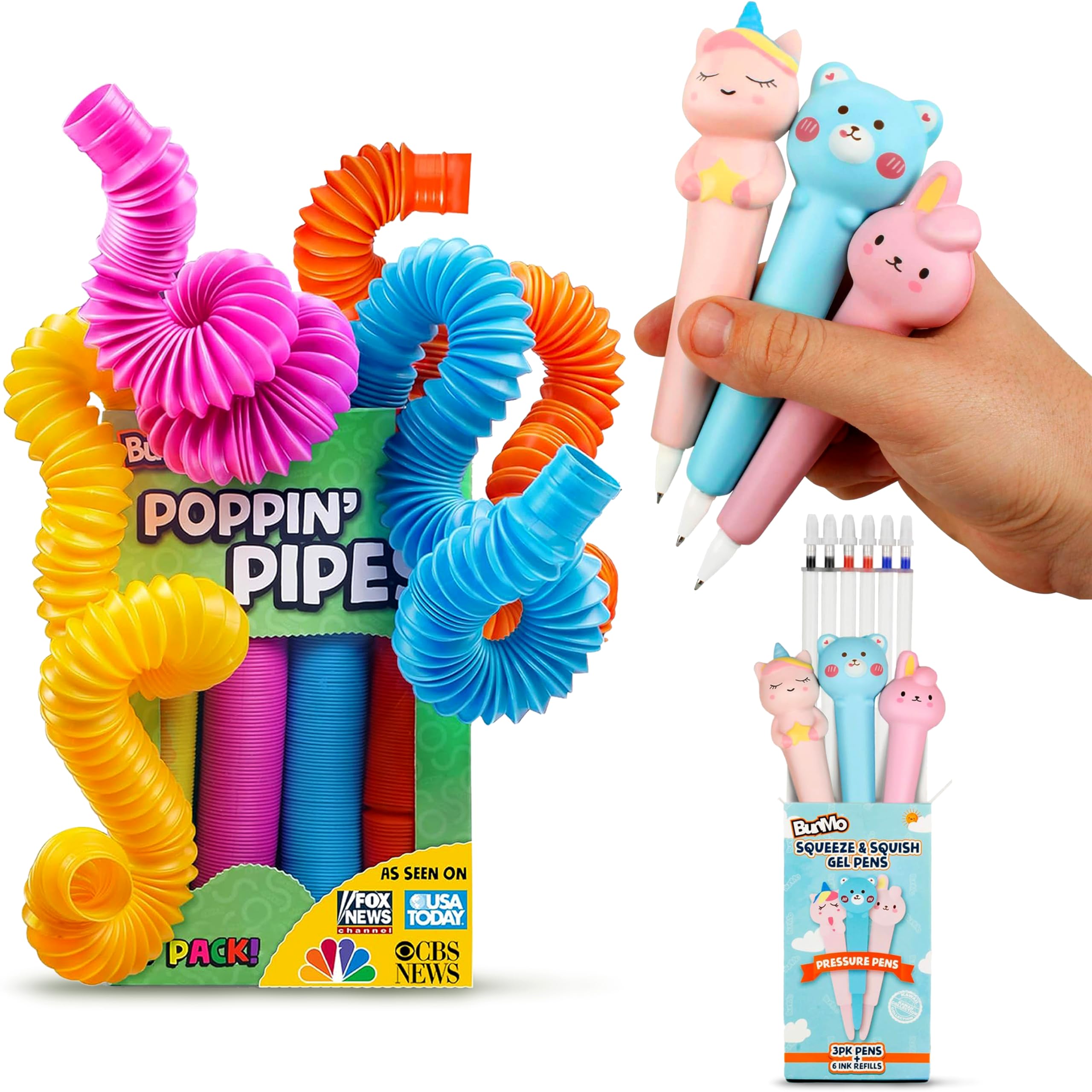 BUNMO Stretch & Write Easter Basket Essentials: 3 pck Cute Gel Pens w/Soft Grip & 6 Refills & Pop Tubes Sensory Toys 8 Pack Large - Non-Mouthable Toy 3+ - Fun Writing for Kids - Gifts for Tweens
