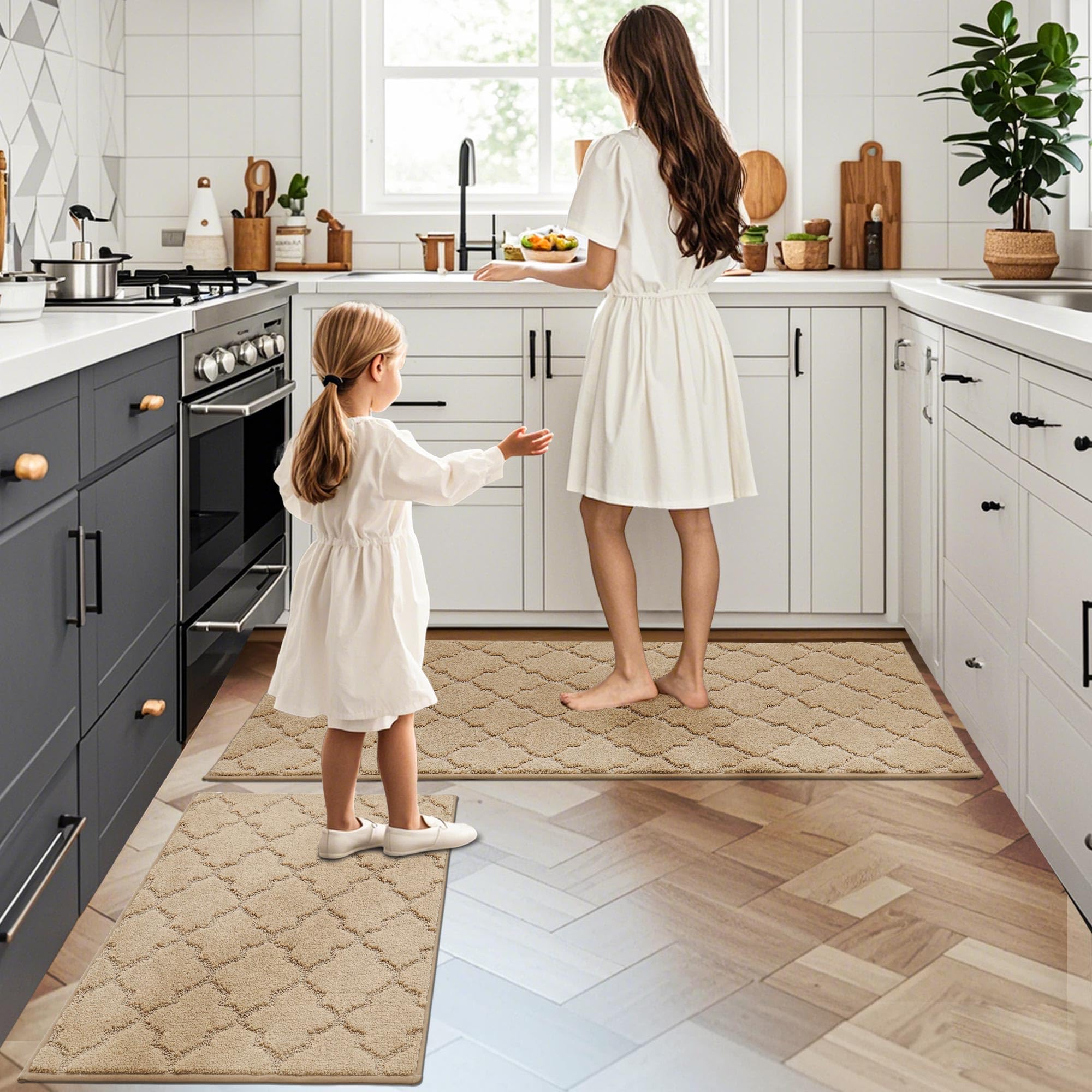 JSEI Kitchen Rugs, Non-Slip Kitchen Mats for Floor, Soft Washable Absorbent Kitchen Mats 2 Pieces, Kitchen Carpet Runner with TPR Backing, Polyester, 24”x36”+24”x60”, Beige
