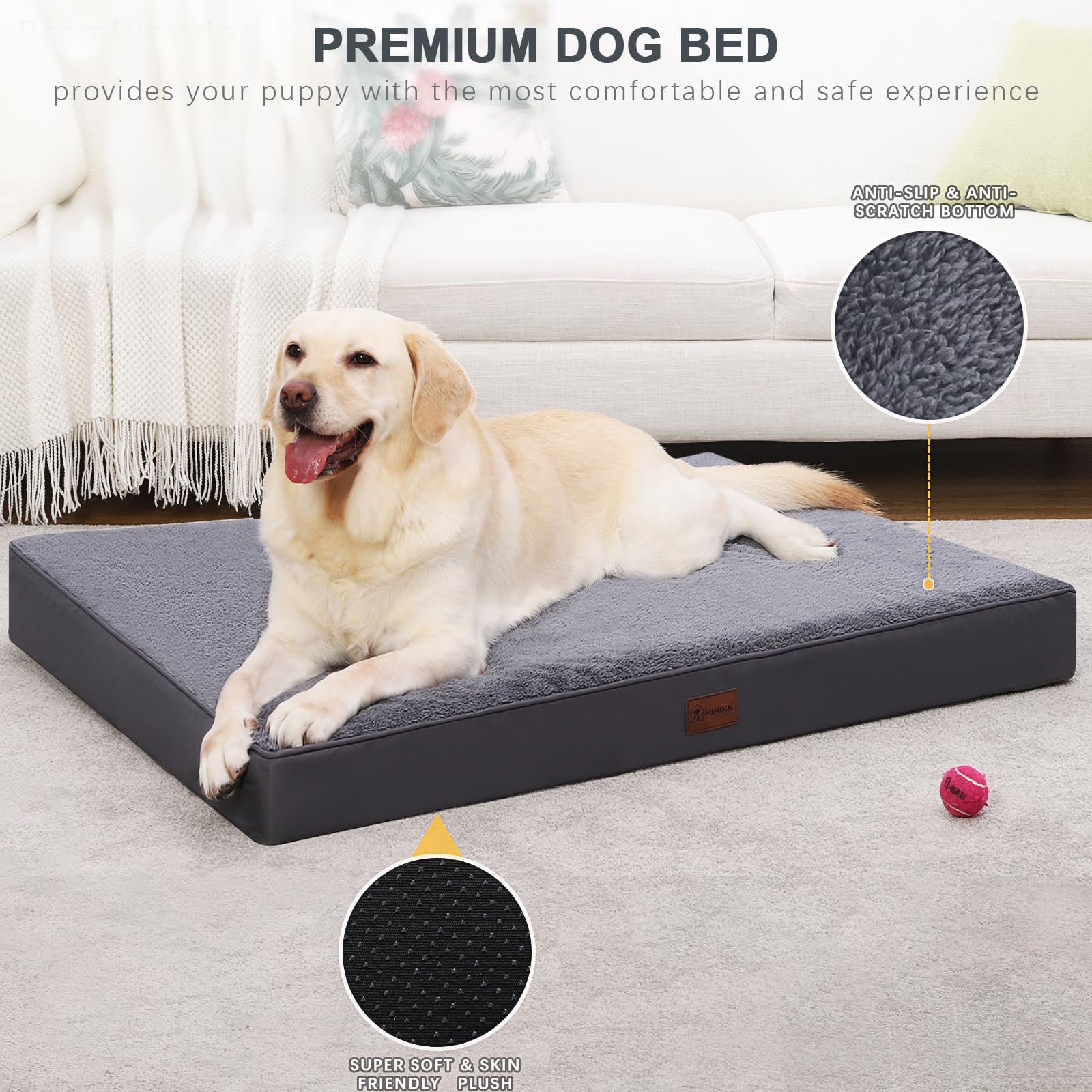 MIHIKK Waterproof Dog Bed Medium Size Dog Orthopedic Dog Beds for Crate with Removable Washable Cover Egg-Crate Foam Pet Pad Mat with Anti-Slip Bottom, 35x22 Inch, Grey