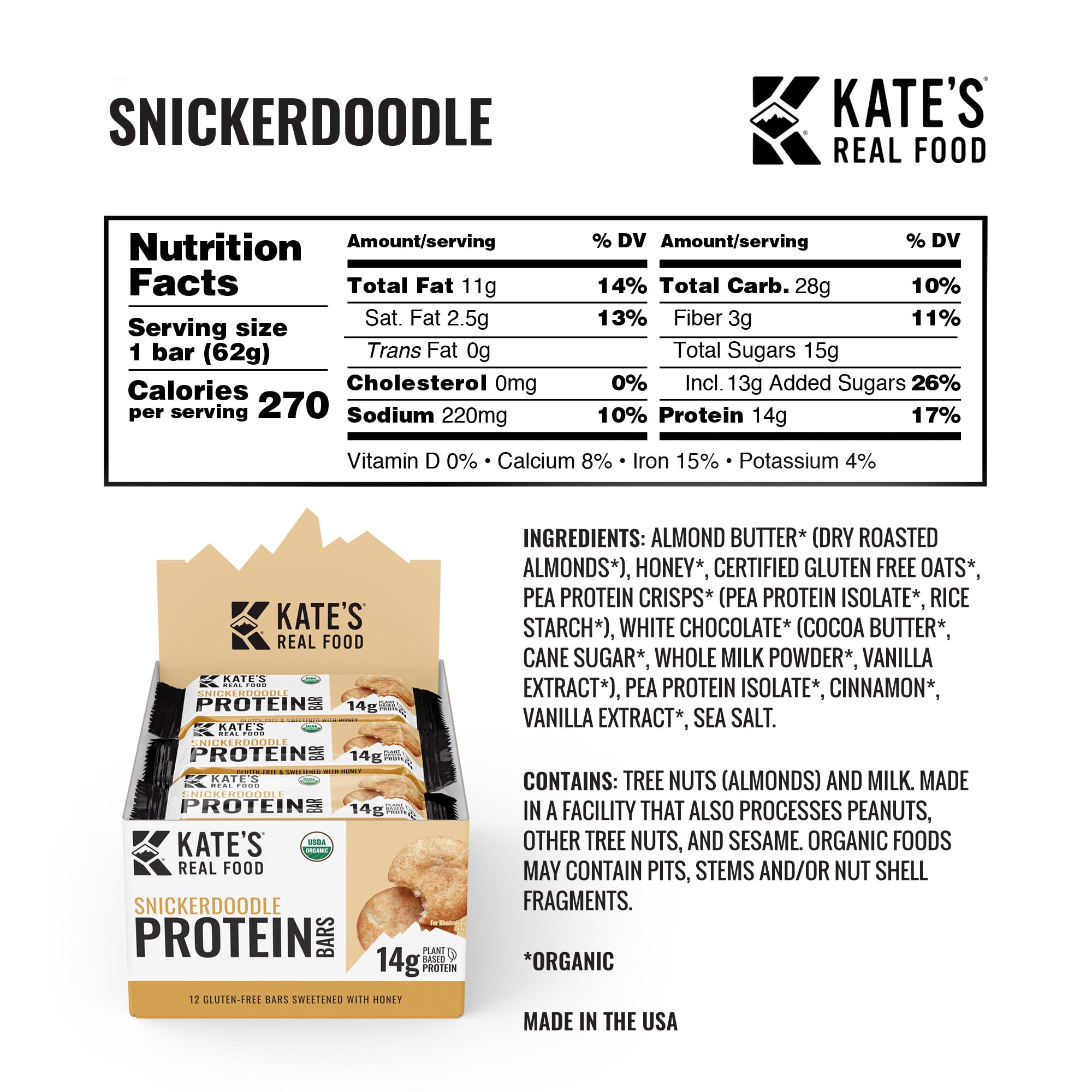 Kate’s Real Food Organic Protein Bars – (Snickerdoodle, 2.2 oz, Pack of 12) – Plant Based Protein Bars - Gluten Free, Soy Free, Non GMO, Whole Grains, and All Natural