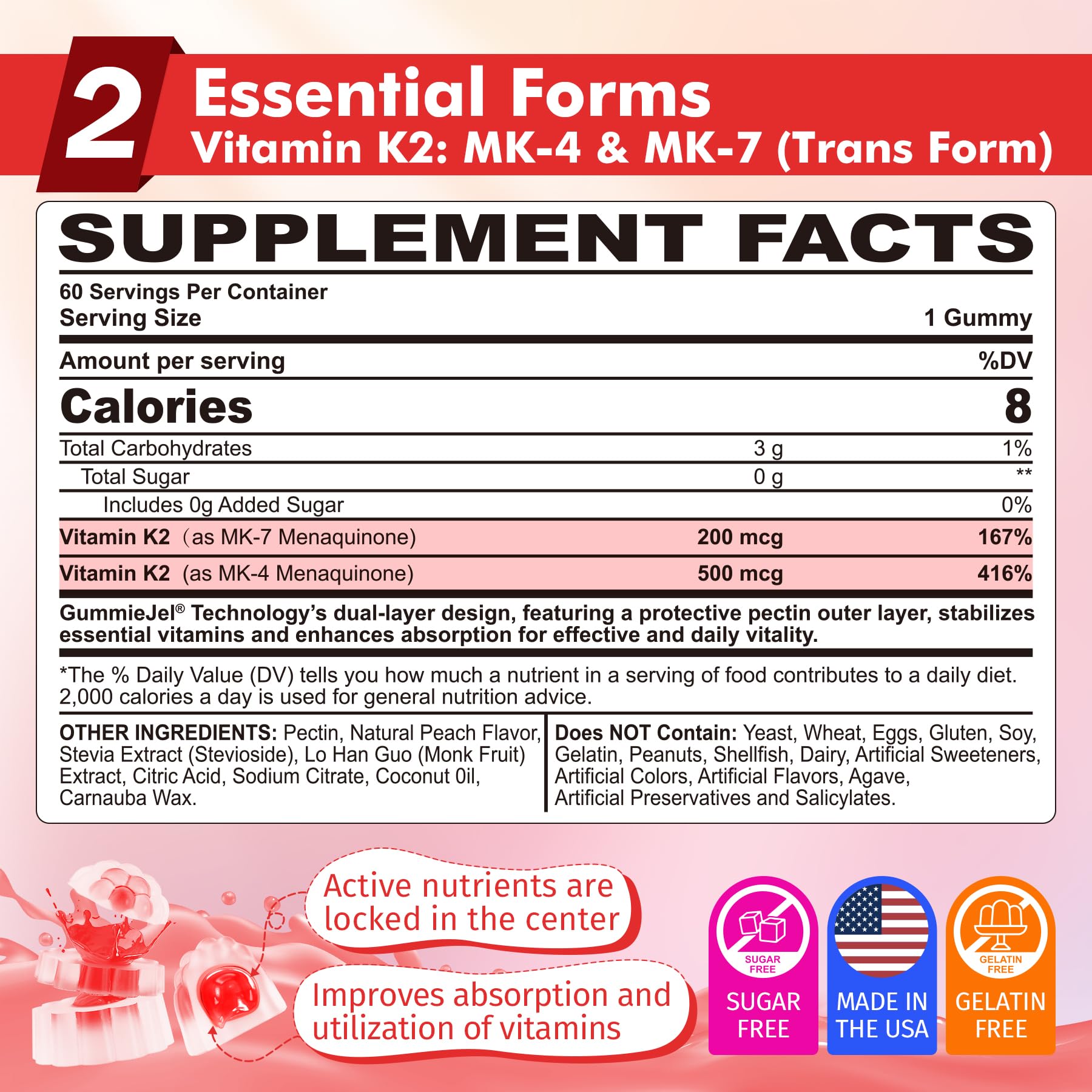 Vitamin K2 Gummies MK-7 200 mcg & MK-4 500 mcg for Women & Men Sugar Free, Perfect 2-IN-1 Full Spectrum Vitamin K2 Supplement for Bone, He❤rt, Promotes Calcium Absorption, Brain, Teeth, Immune,1Pack
