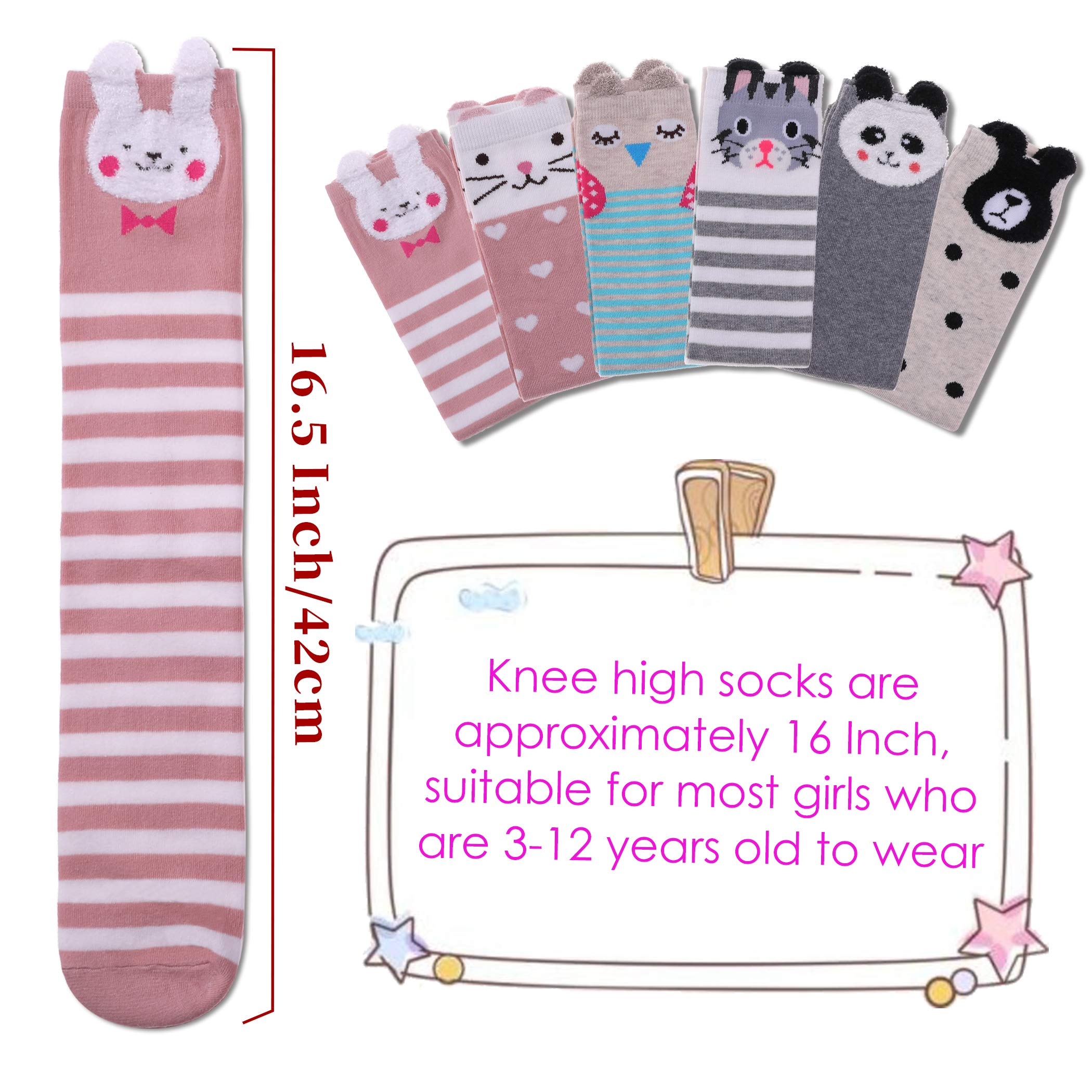 FNOVCO Girls Knee High Socks Kids Crazy Fun Gift Cute Animal Patterns Cotton Long Socks 6 Pairs (6 Pairs Animal)