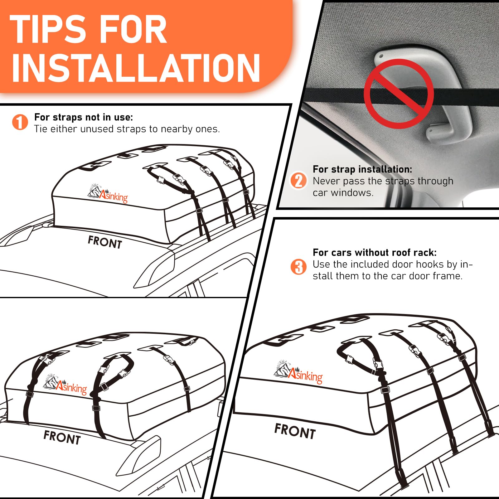 Asinking Car Roof Bag Rooftop top Cargo Carrier Bag 21 Cubic feet Waterproof for All Cars with/Without Rack, Includes Anti-Slip Mat, 10 Reinforced Straps, 6 Door Hooks, Luggage Lock