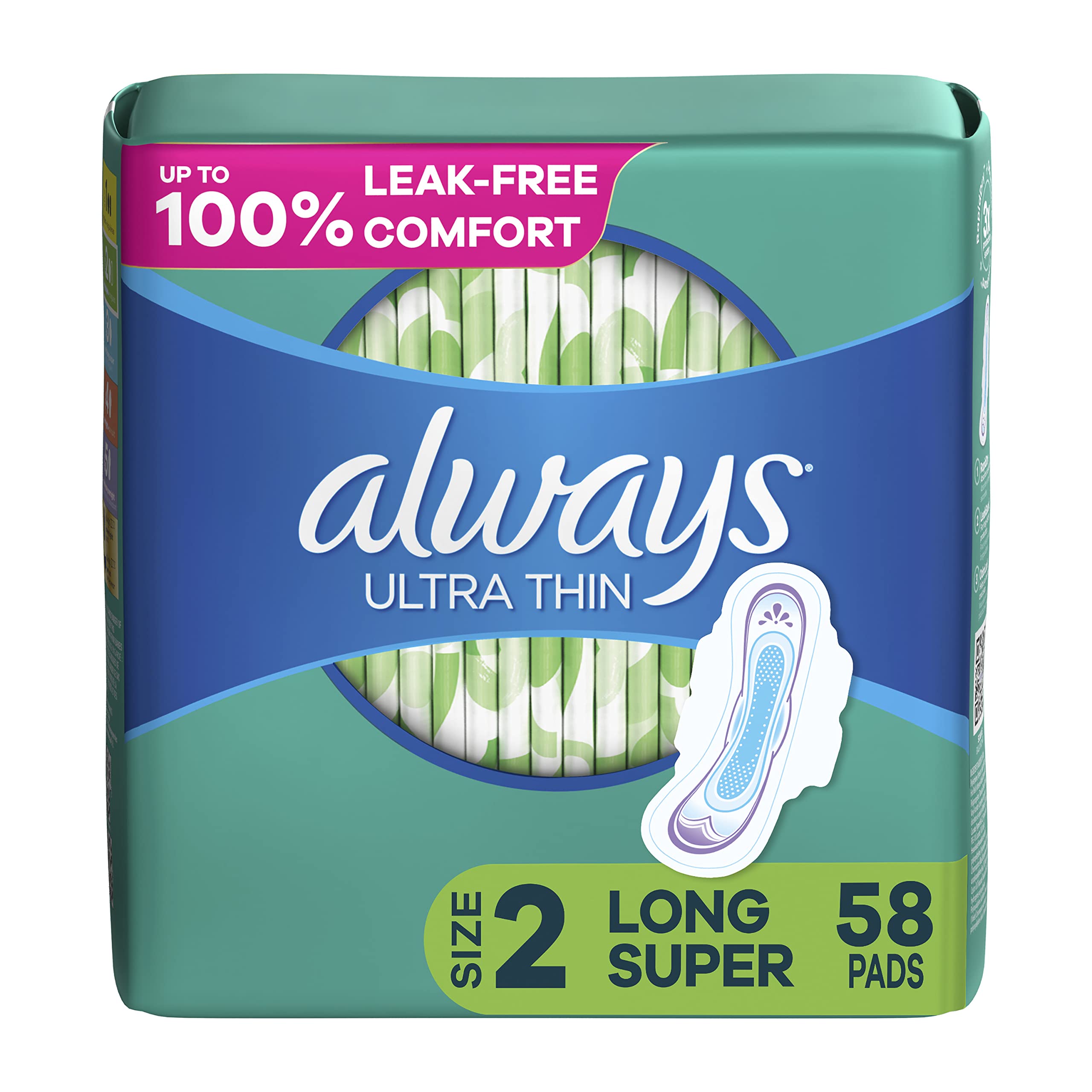 Always Ultra Thin Feminine Pads For Women, Size 2 Long Super Absorbency, With Wings, Unscented, 58 Count