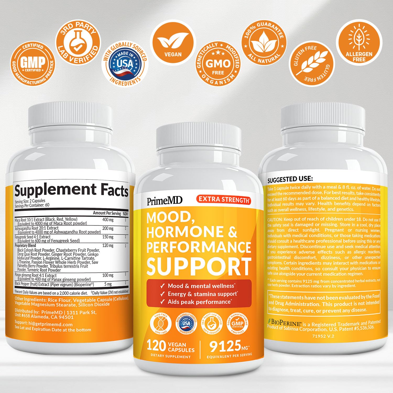 PrimeMD 19-in-1 Extra Strength Peruvian Maca Root Capsules - 9125 mg Ashwagandha Supplements with Fenugreek and Ginseng for Mood, Hormone and Performance Support (120 ct) (2-Pack)