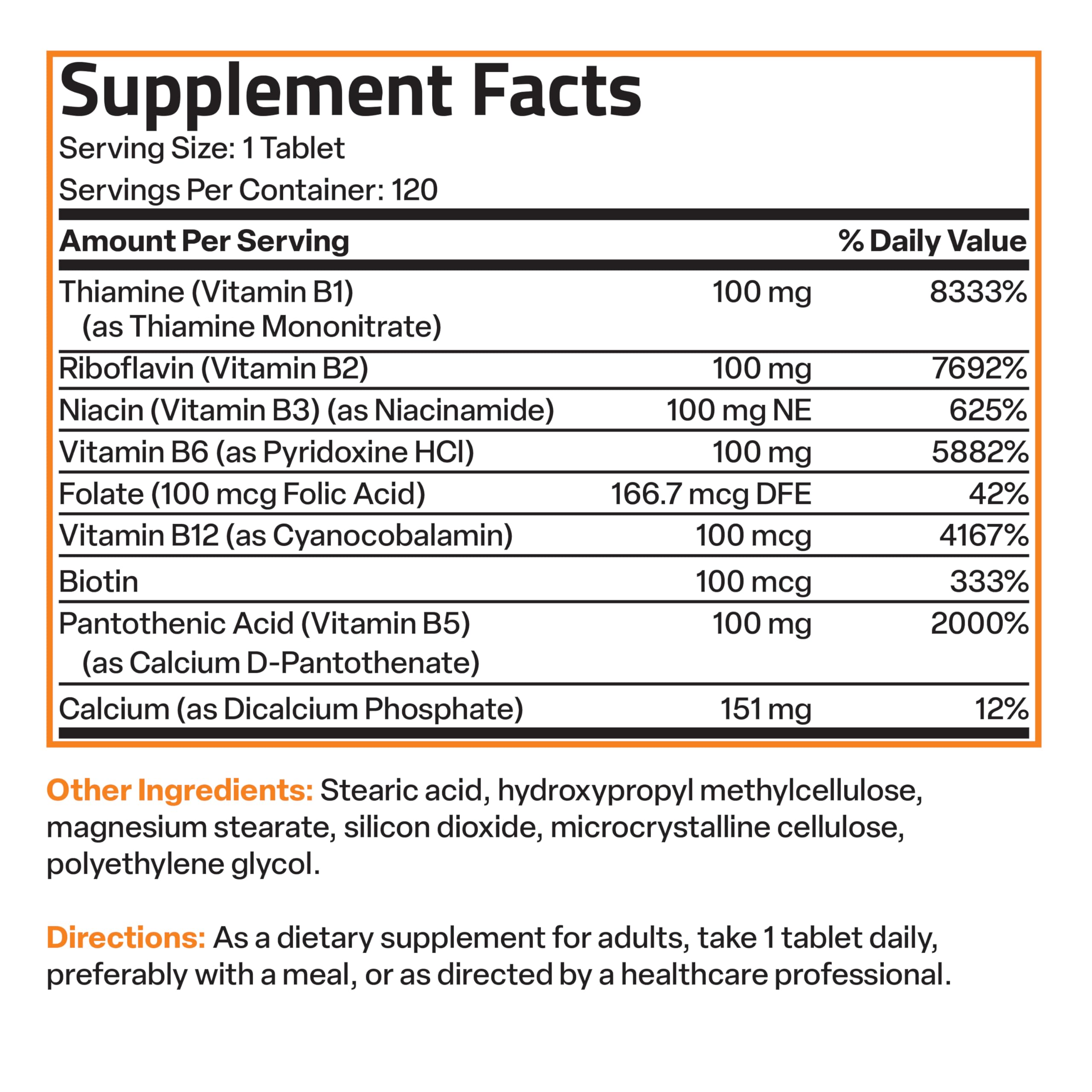 Bronson Vitamin B 100 Complex High Potency Sustained Release (Vitamin B1, B2, B3, B6, B9 - Folic Acid, B12), 120 Tablets