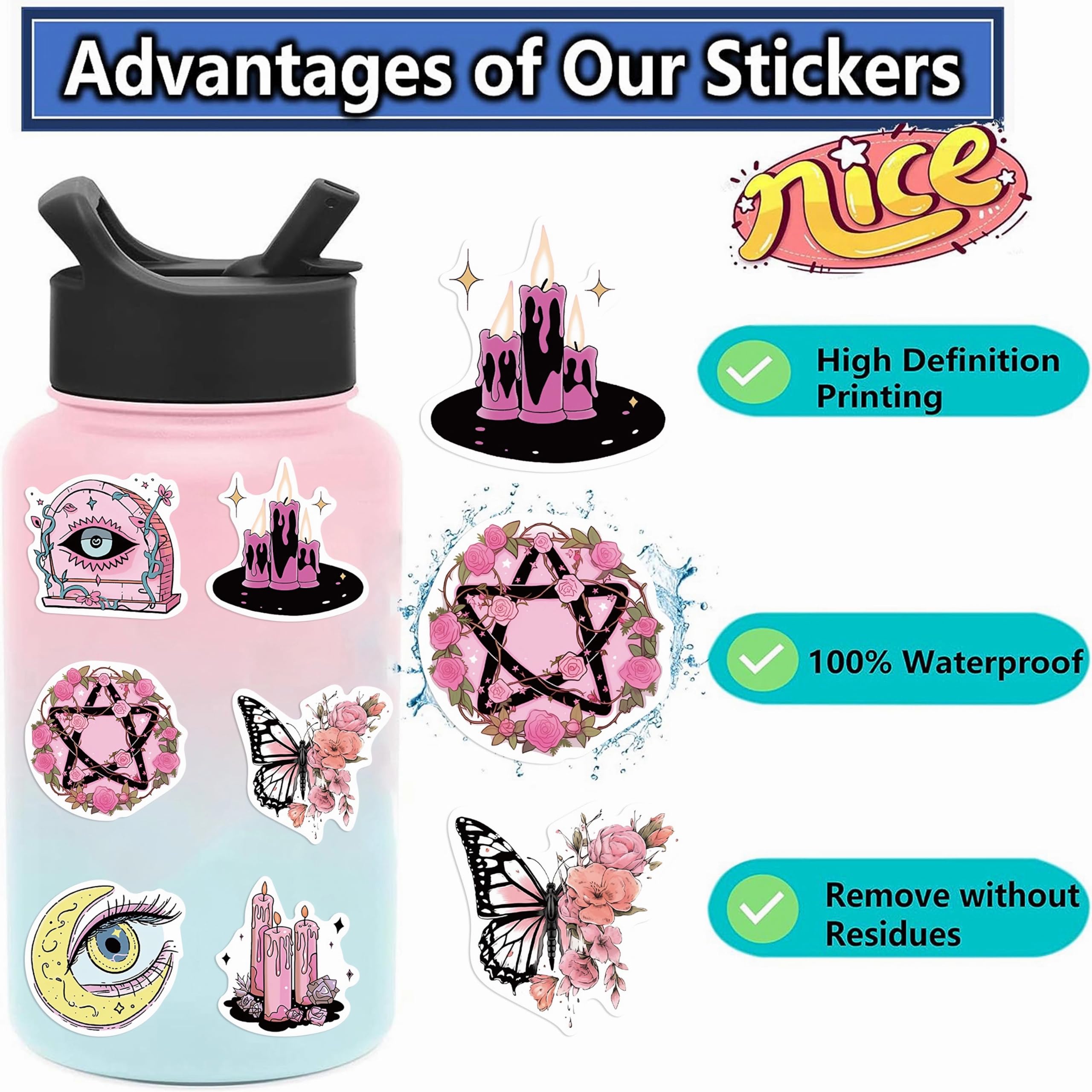 50 Pcs Pink Witch Stickers, Pink Aesthetic Stickers, Cryptid Stickers,Vintage Waterproof Stickers for Phone Case, Laptops, Books, Notebook, Water Bottle, Bicycles, Skateboards