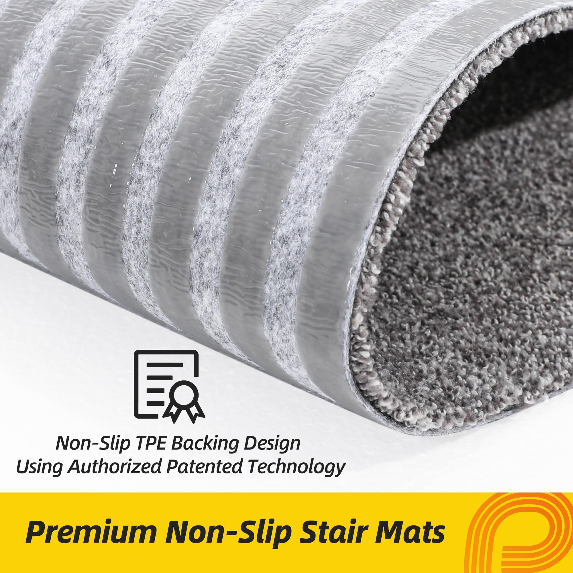 Non-Slip Stair Treads for Wooden Steps Indoor, 15 Pack 9" X 28" Stair Carpet Mats with TPE Backing for Kids Elders and Dogs, 0.3" Thick 100% Polyester Soft Stair Runner Rug, Light Grey