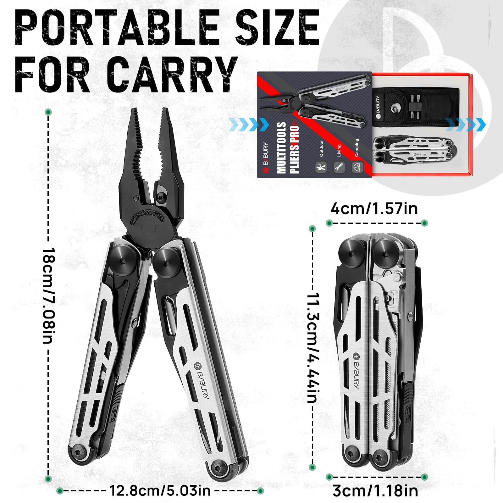 BIBURY Multitool Pliers Pro BI2045, Foldable Multitools with Replaceable Wire Cutters and Saw, Stainless Steel Multi Tool w/Upgraded Scissors and Screwdriver Set, Ideal for Camping, Fishing, Survival