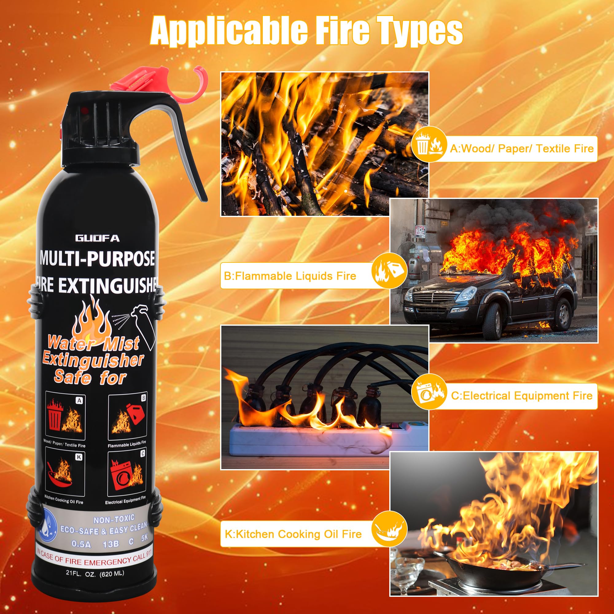 Fire Extinguishers for Home, 1 Pack Vehicle Fire Extinguisher with Mount, Compact Fire Extinguisher Effective on A, B, C, K Fires, Water-Based Extinguisher for Car Boat House Office Kitchen Garage