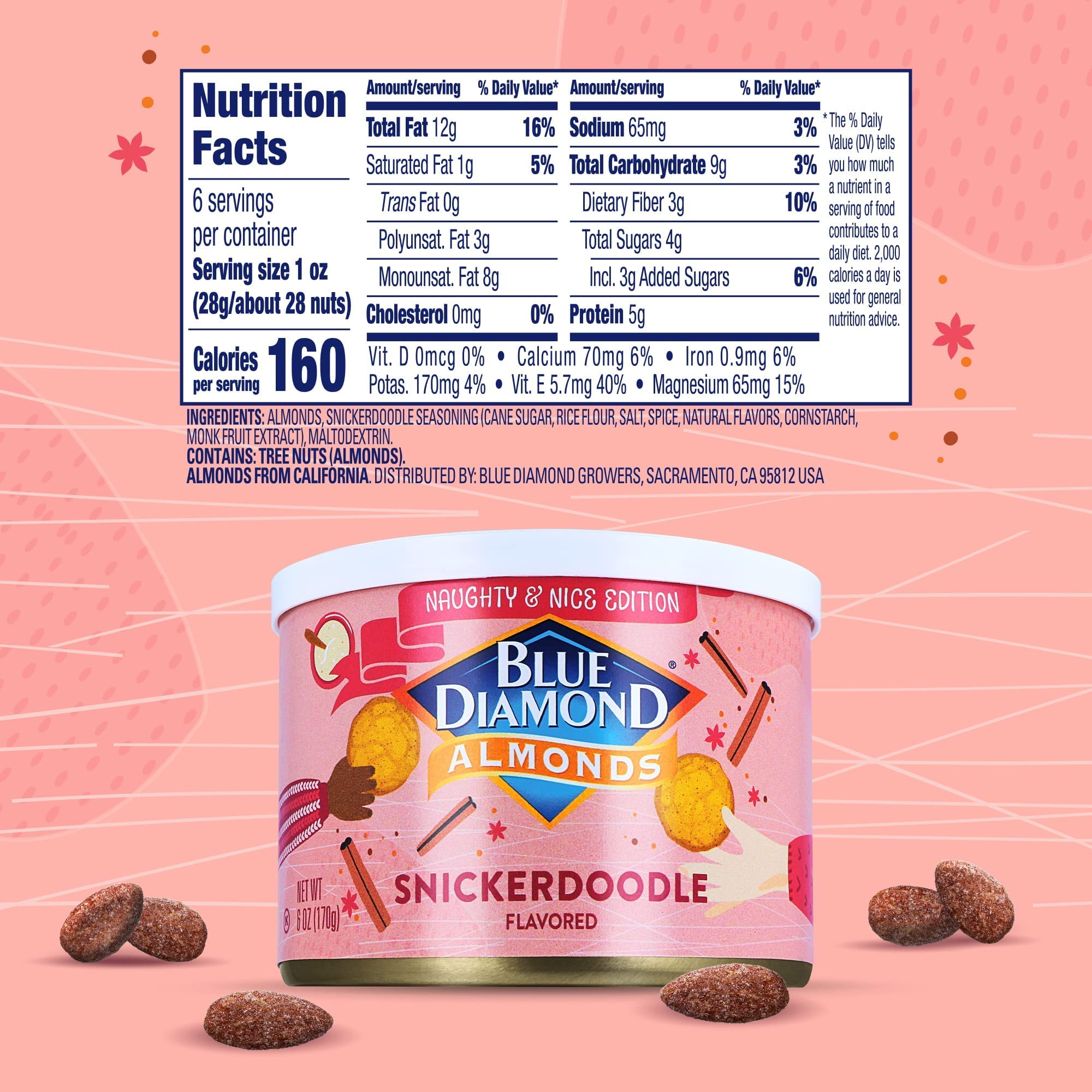 Blue Diamond Almonds, Snickerdoodle Holiday Snack Nuts, 6 oz Resealable Can