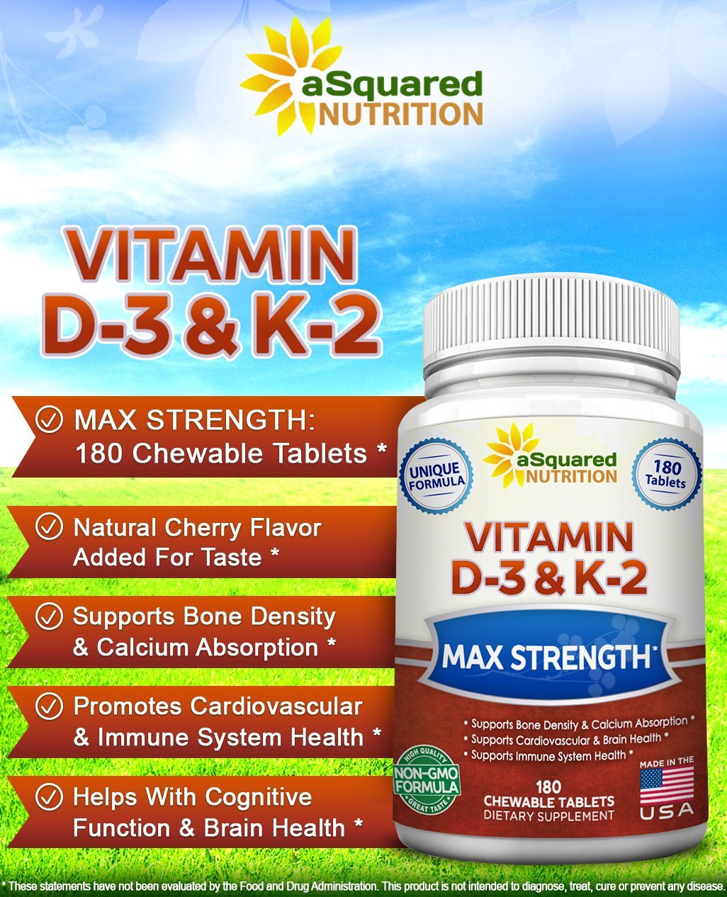 aSquared Nutrition Vitamin D3 with K2 Supplement-180 Chewable Tablets, Max Strength D-3 Cholecalciferol & K-2 MK7 to Support Healthy Bones, Teeth, Heart -Antioxidant D3 & K2 MK-7 Energy Formula Adults