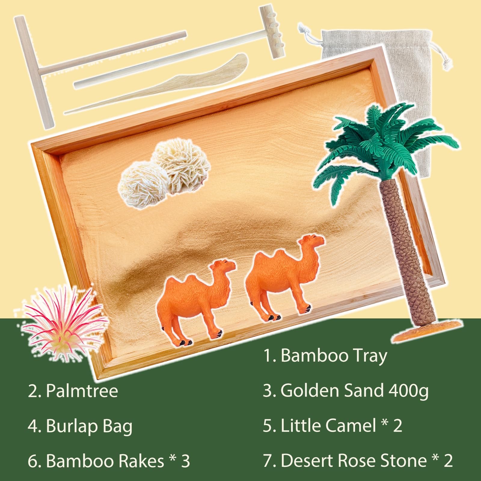 Threeheng Mini Desert Zen Sand Garden Kit for Desk, Japanese Zen Garden Alternative Sand Tray Therapy Kit with Bamboo Tray - Tranquil Haven for Mindful Relaxation and Imaginative Play
