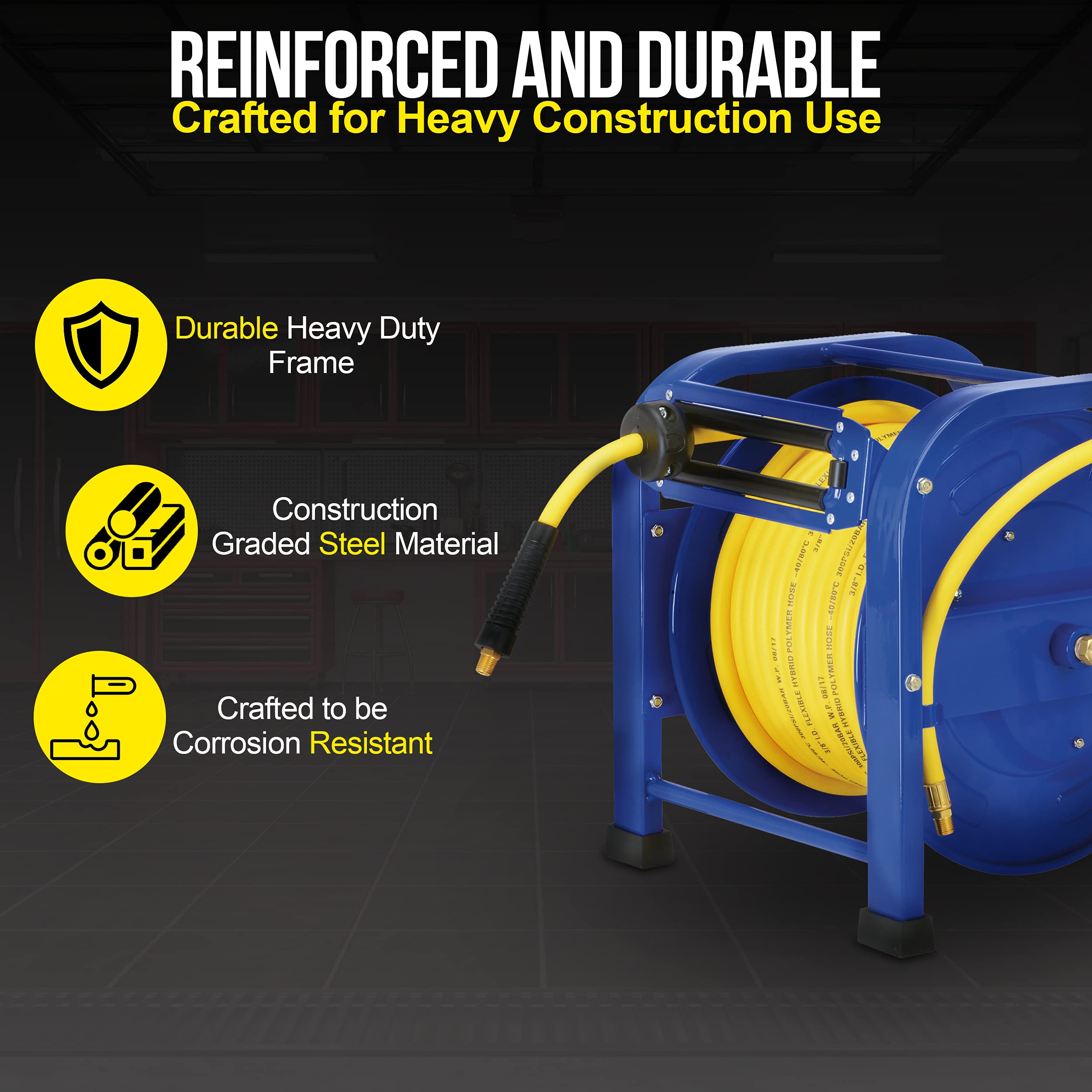 Goodyear Retractable Air Hose Reel, 3/8" x 100 Feet, 300 PSI, Spring-Driven Steel, Heavy Duty Industrial, Flex Hybrid Polymer Hose, Portable and Durable