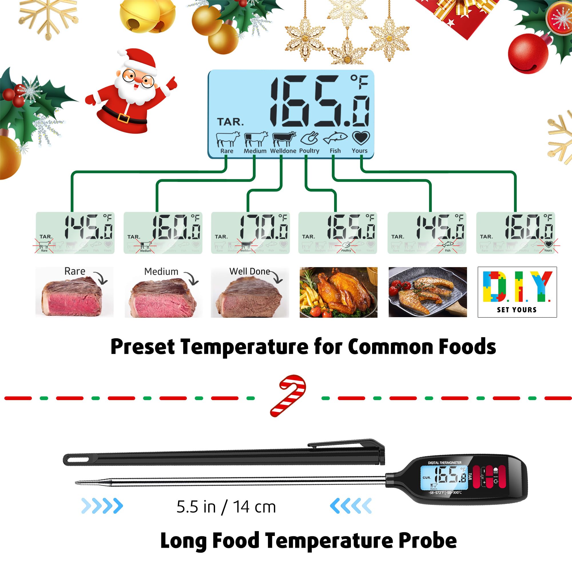 Antonki Meat Thermometer with Long Food Temperature Probe, Digital Instant Read Food Thermometer for Cooking, Chef Kitchen Thermometer with Backlight for Bake, Candy, Grill, BBQ, Oil