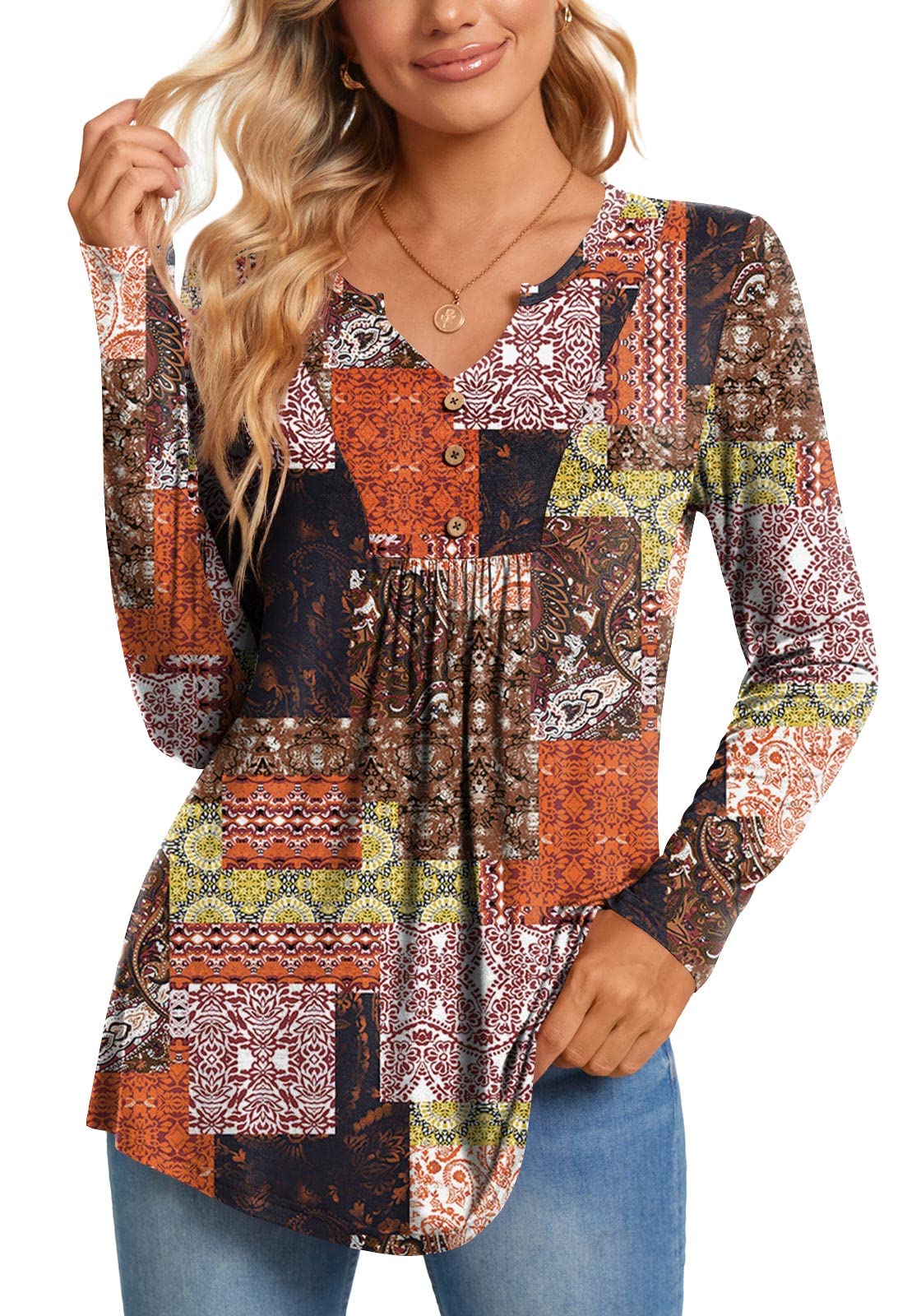 CATHY Womens Long Sleeve Tunic Tops Henley Shirt V-neck Button Down Blouse Casual Pleated Basic Pullover, XL, Long Flower Multiple Orange