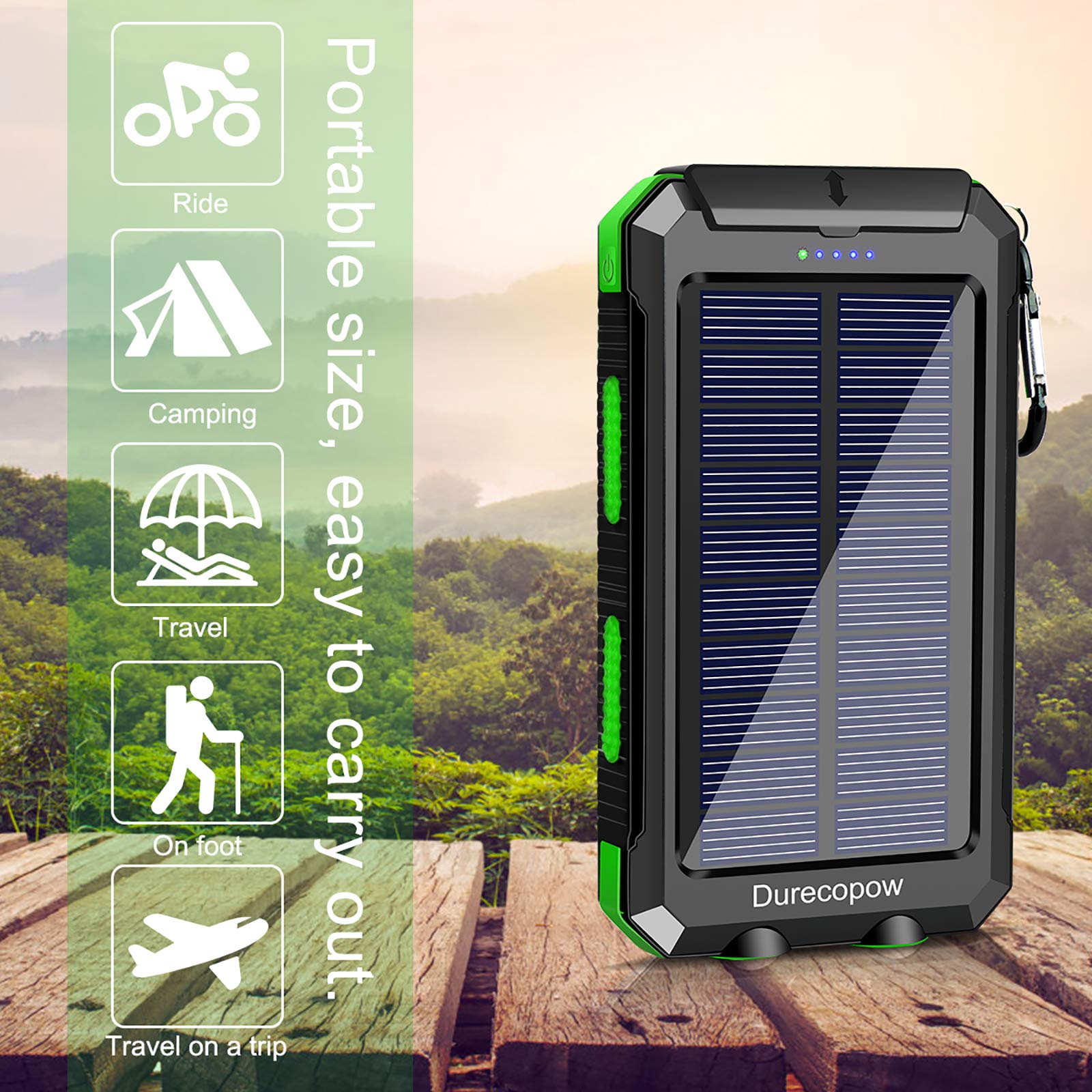 Solar Charger, 20000mAh Portable Outdoor Waterproof Solar Power Bank, Camping External Backup Battery Pack Dual 5V USB Ports Output, 2 Led Light Flashlight with Compass (Green)