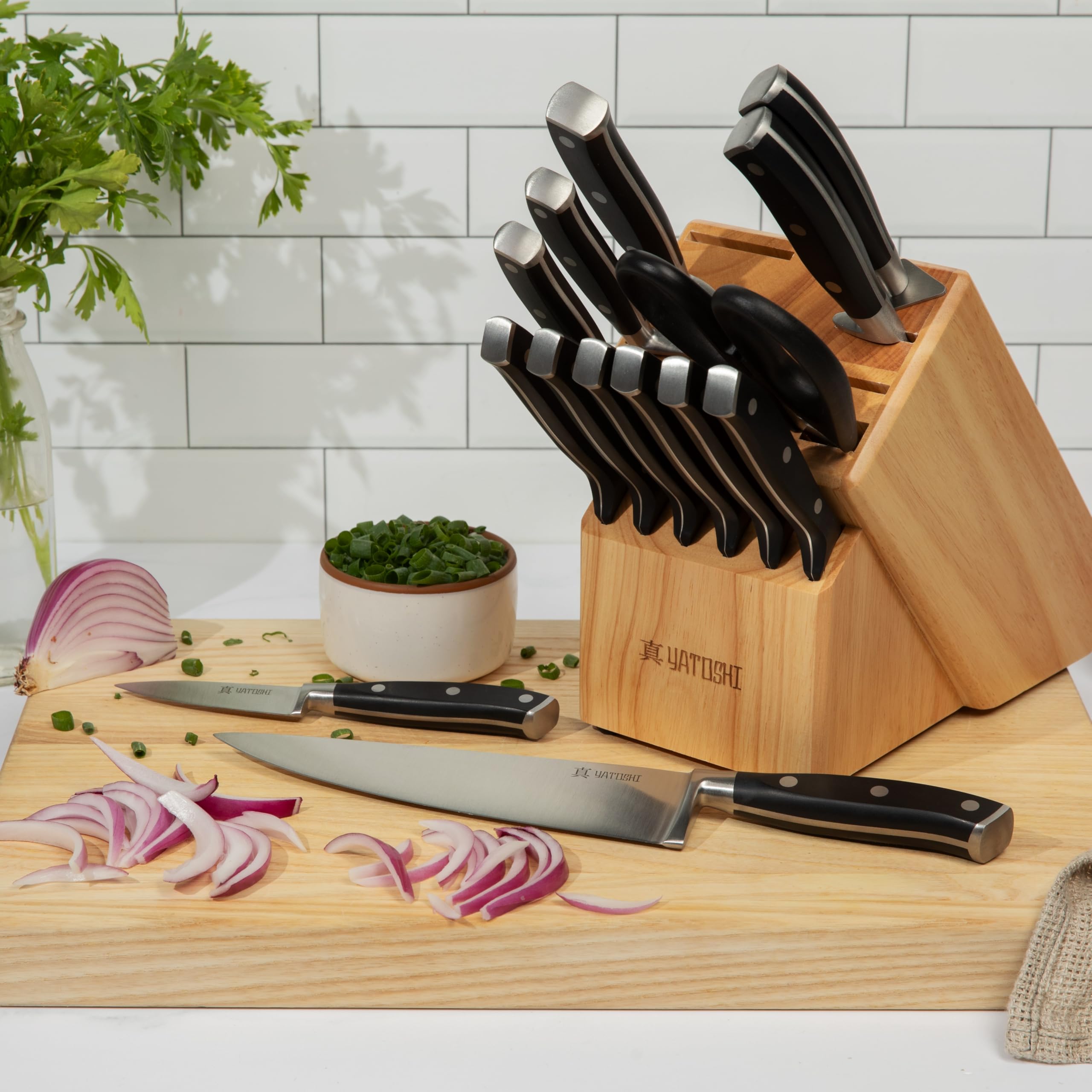 Yatoshi 15 Piece Black Knife Block Set - Pro Kitchen Knife Set Ultra Sharp High Carbon Stainless Steel with Ergonomic Handle