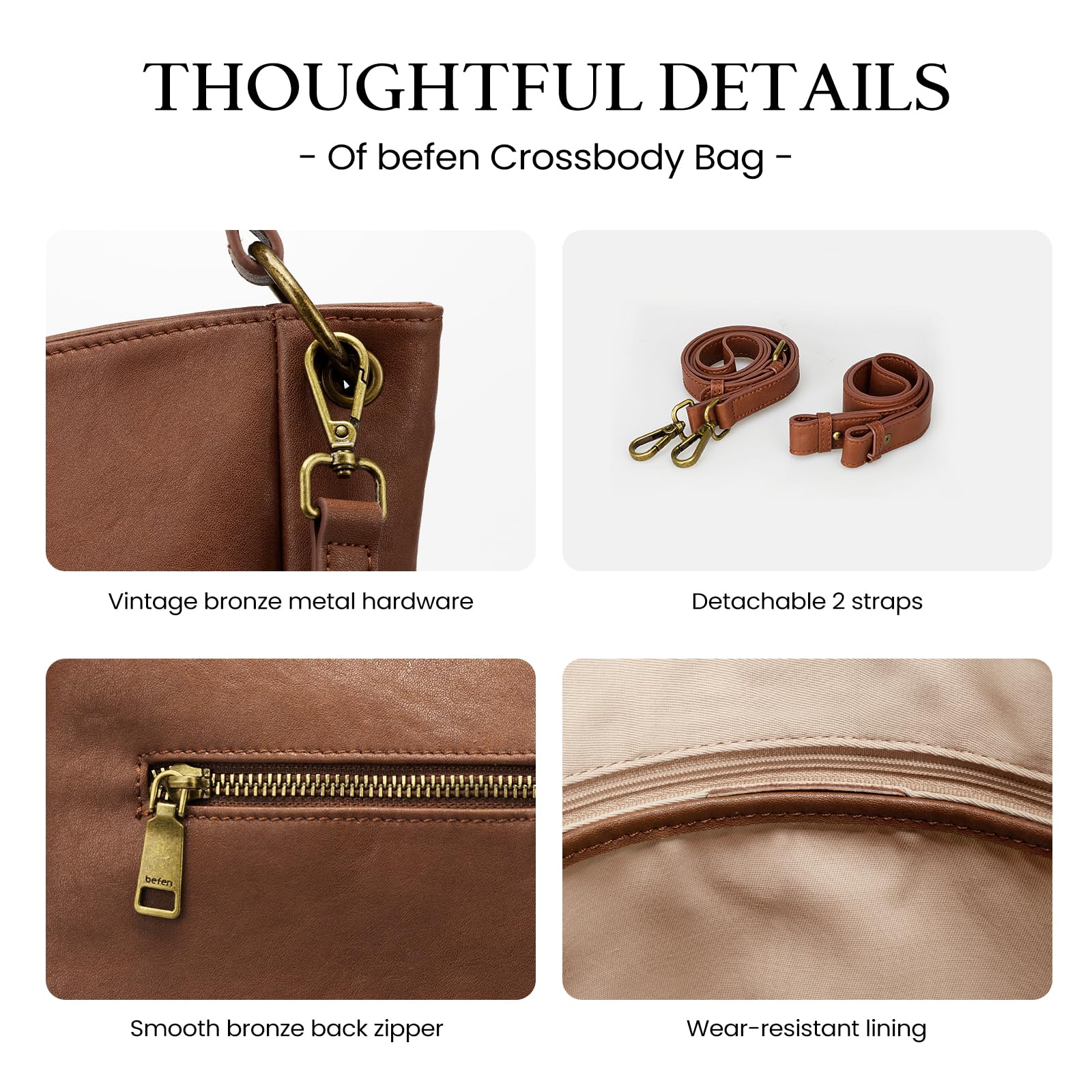 befen Genuine Leather Crossbody Bags for Women, Brown Leather Hobo Bags Vintage Crossbody Purse Designer Leather Shoulder Bags with 2 Detachable Straps Trendy Soft Womens Shoulder Handbags for Travel