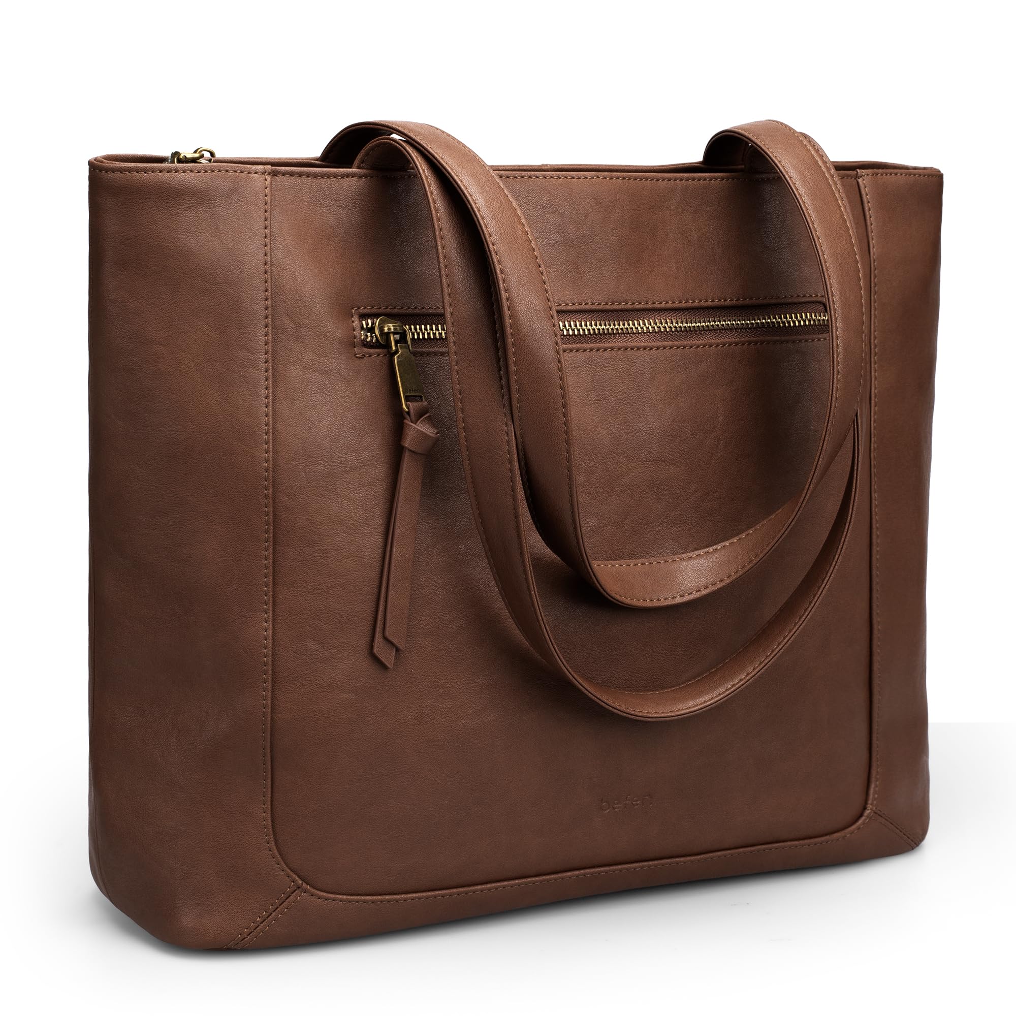 befen Genuine Leather Tote Bag for Women, Women's Shoulder Handbags Tote Purse with Zipper Work Shoulder Bag Tote with 15.6" Compartment, Brown