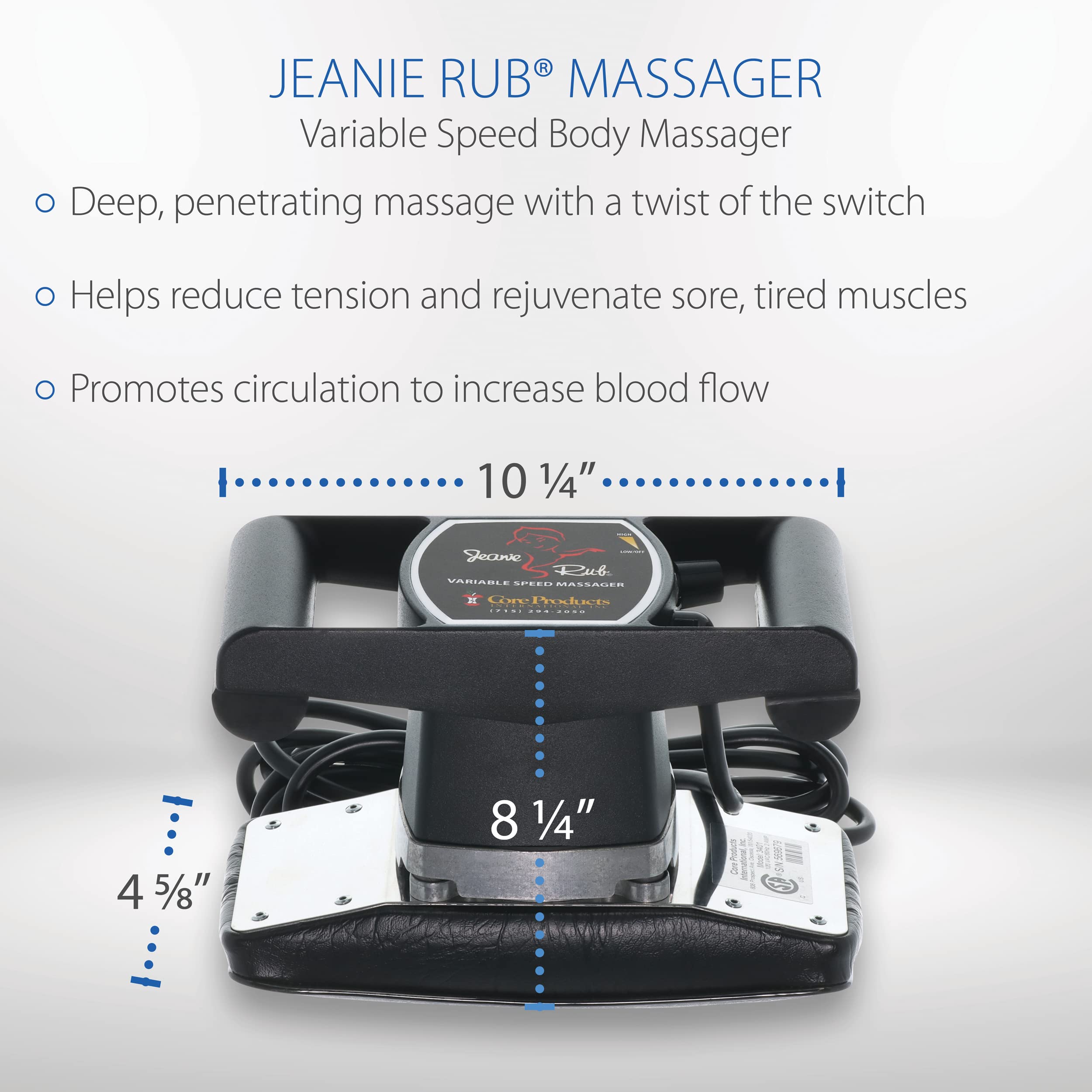 Core Products Jeanie Rub Massager Deluxe Package, Variable Speed Deep Tissue Relaxing Massage Tool with Fleece Pad Cover and Back Accessory