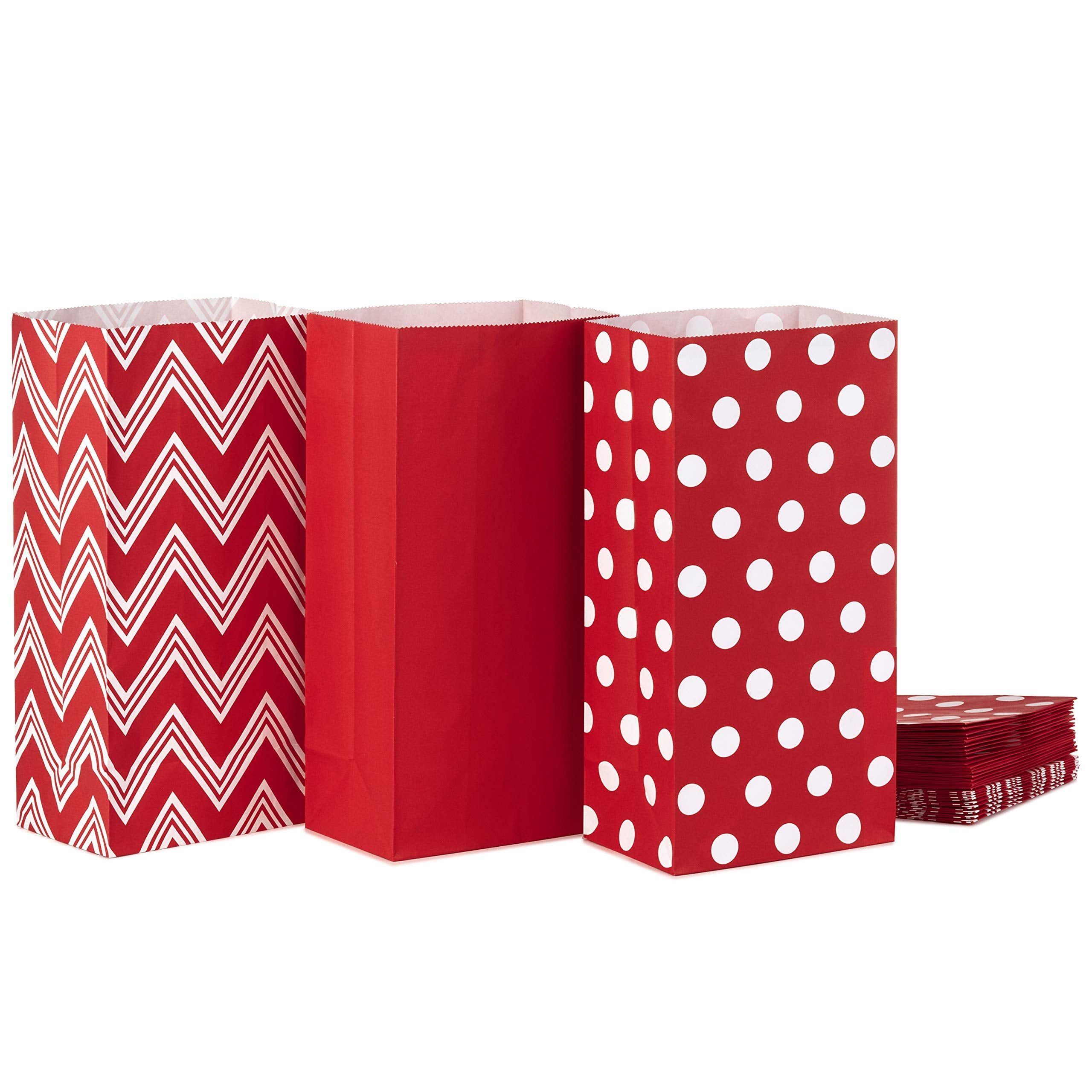 Hallmark Red Party Favor and Wrapped Treat Bags, Assorted Designs (30 Ct., 10 Each of Chevron, White Dots, Solid) for Christmas, Valentines Day, Sweetest Day, May Day, Mothers Day, Care Packages