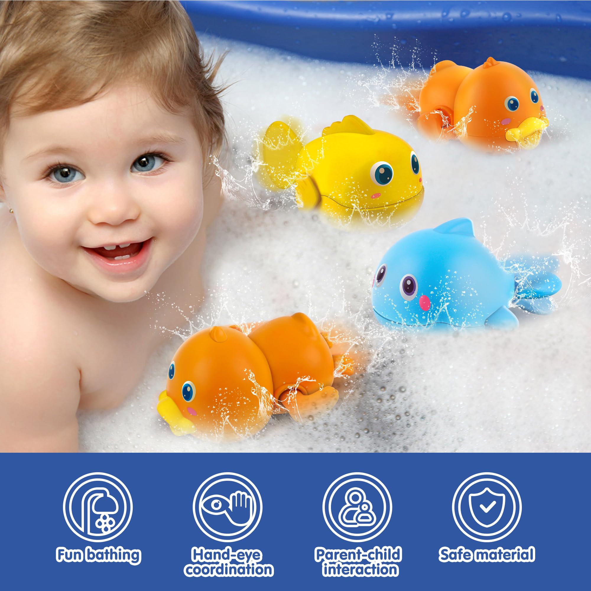 Dwi Dowellin Bath Toys for Toddlers, Magnetic Fishing Games Kids Bathtub Toys, Mold Free Wind-up Toys Swimming Fish Duck Whale Floating Water Toys for Kids Baby Infant