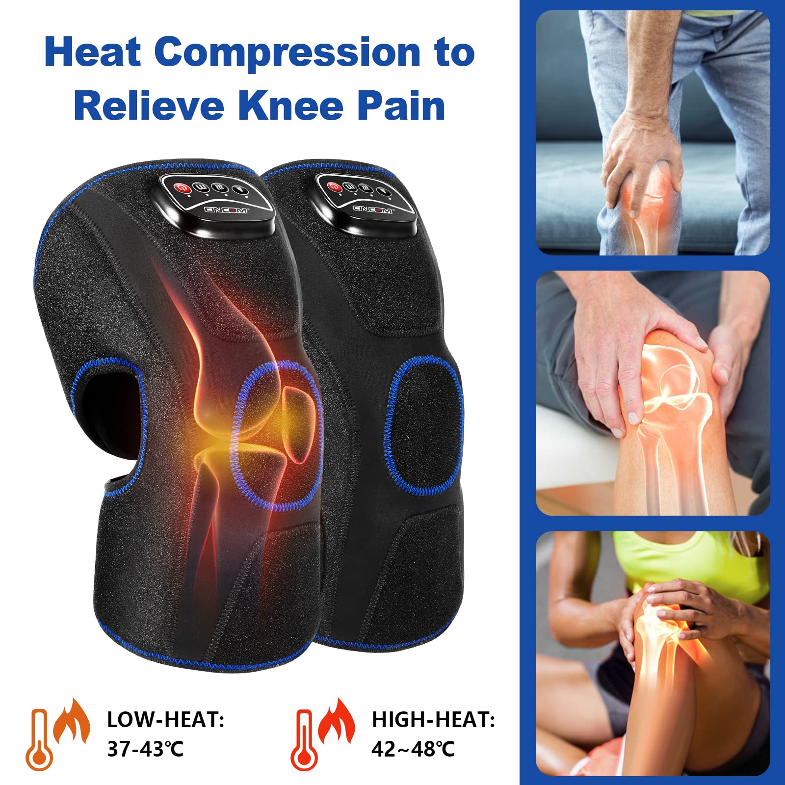 CINCOM Heated Knee Massager, Air Compression Knee Massager with Heat for Pain Relief Knee Brace Wrap for Knee Arthritis,Injury,Joint Pain 3 Modes & 3 Intensities (A Pair) FSA HSA Approved