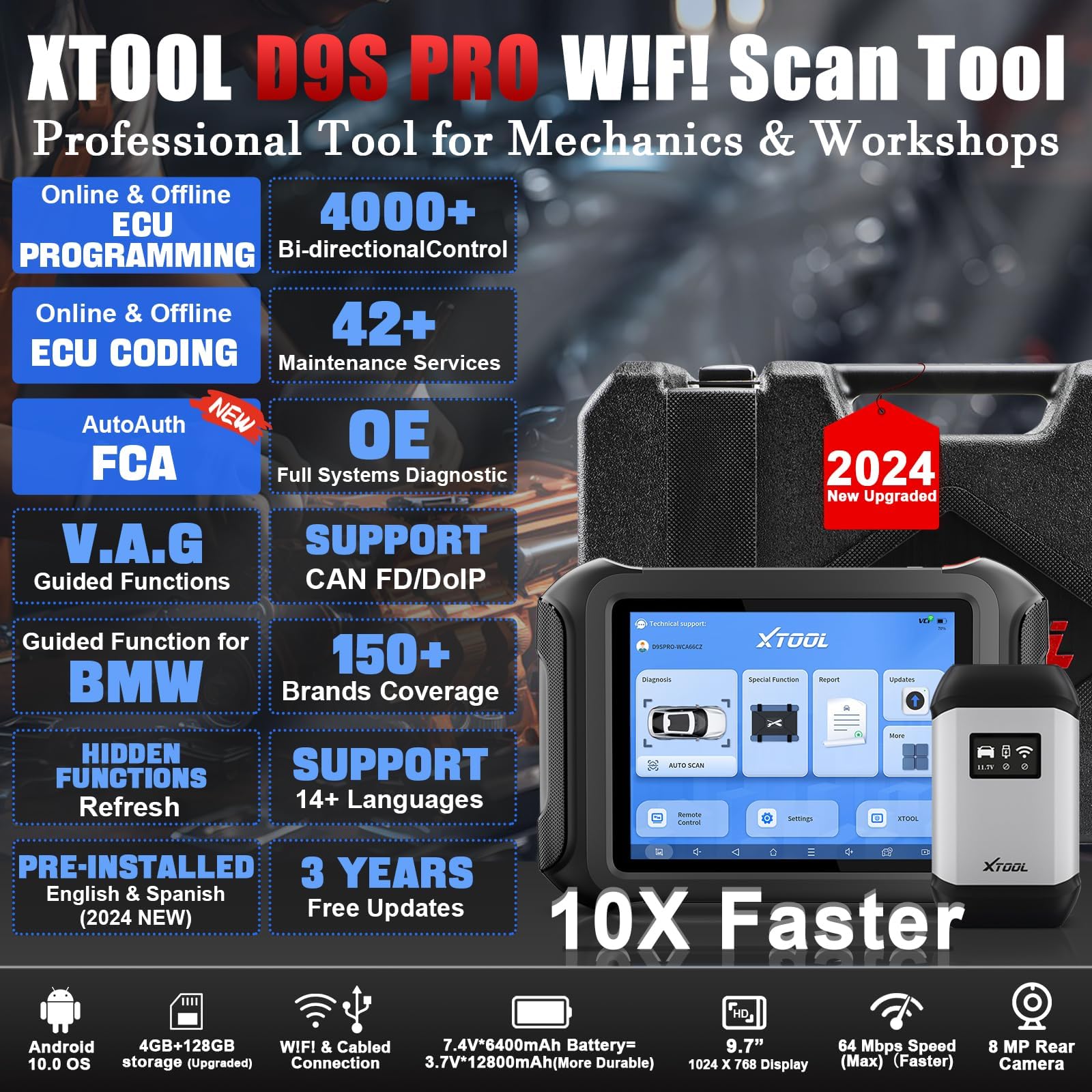 XTOOL D9S PRO Automotive Scan Tool: 2024 Upgraded V2.0 Ver with FCA AutoAuth, Topology OBD2 Scanner Diagnostic Tool, ECU Programming/Coding, Bidirectional/42+ Services, DoIP/CAN FD, 3-Year Update