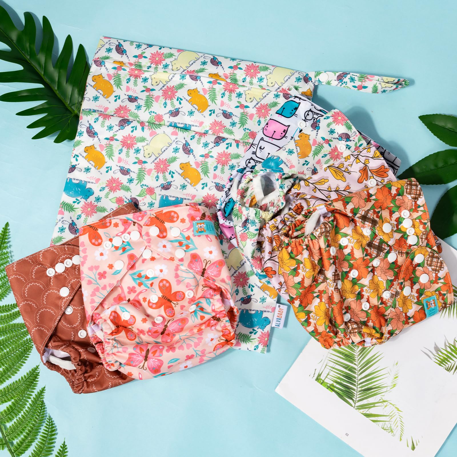 ALVABABY 6pcs Cloth Diaper Covers & 1 Wet Dry Bag, Reusable Cloth Diaper Shell for Prefold with Multi-Functional Bag