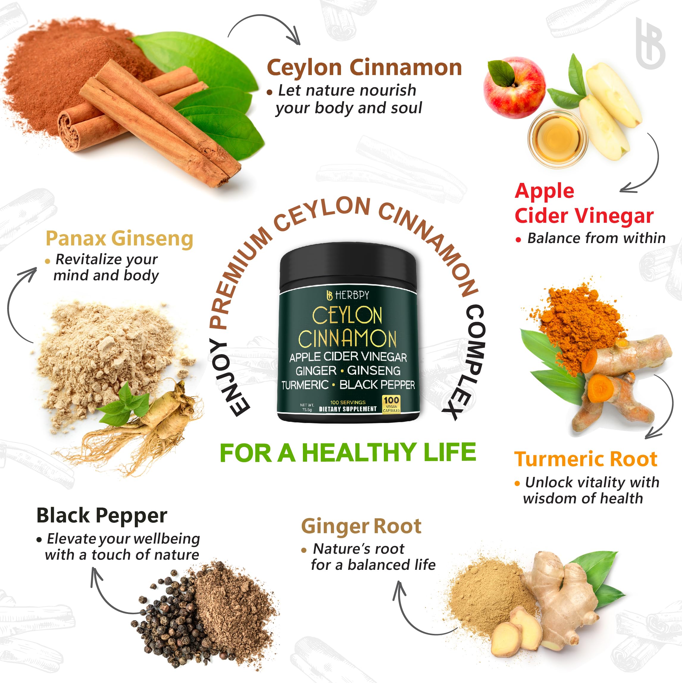 Herbpy 6in1 Premium Ceylon Cinnamon Supplement Plus Apple Cider Vinegar, Turmeric, Ginger, Ginseng - Weight Management, Digestion - 100 Vegan Capsules
