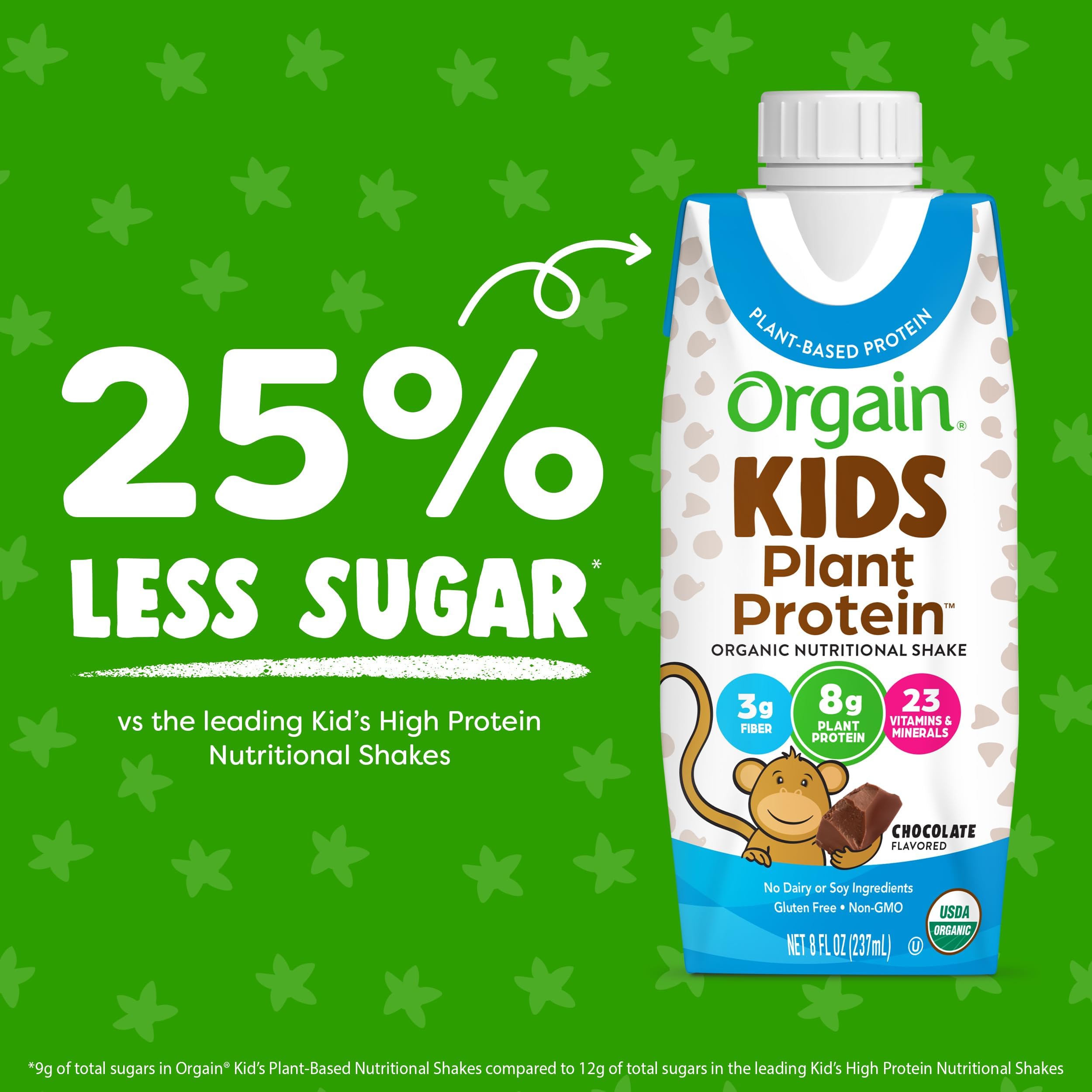 Orgain Organic Kids Nutritional Vegan Protein Shake, Chocolate - Healthy Kids Snacks, 8g Plant Protein, 23 Vitamins & Minerals, 3g Fiber, No Dairy & Soy Ingredients, Non-GMO, 8 Fl Oz (Pack of 12)