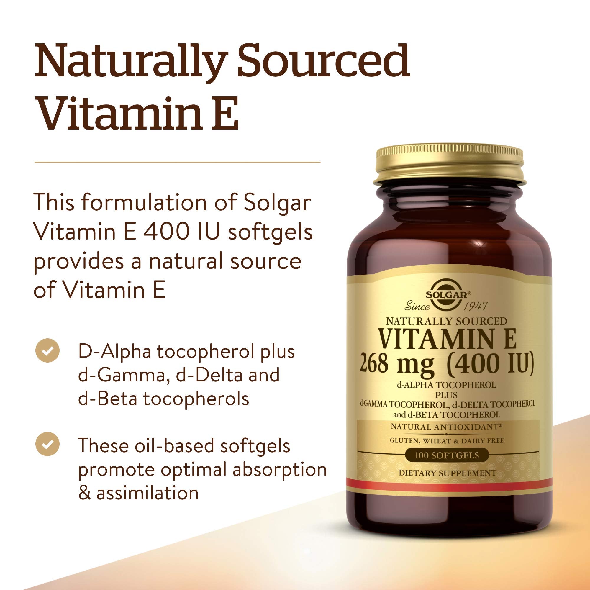 Solgar Vitamin E 268 MG (400 IU) (d-Alpha Tocopherol & Mixed Tocopherols), 100 Softgels - Supports Immune System & Skin Nutrition - Natural Antioxidant - Gluten Free, Dairy Free - 100 Servings