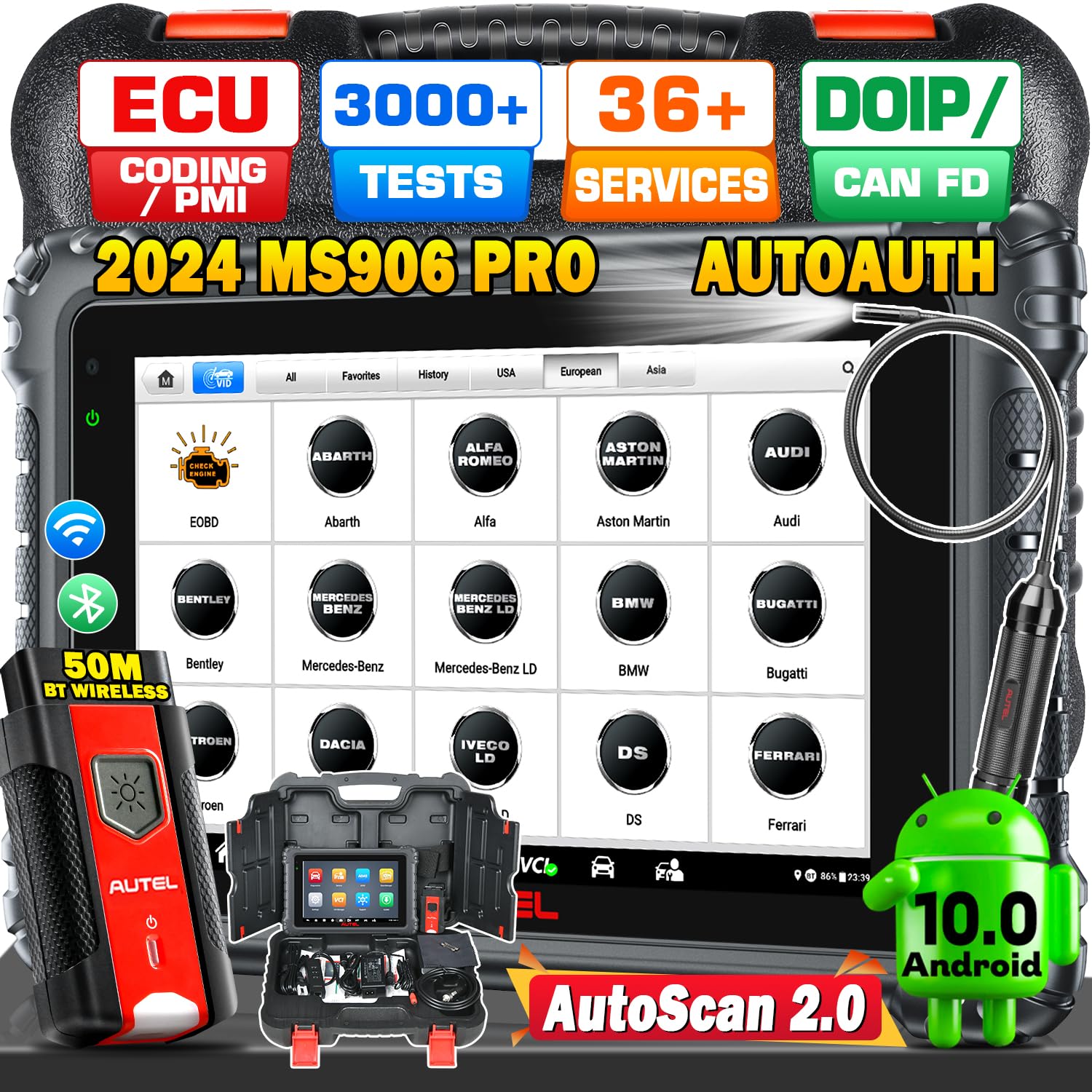 Autel MaxiSys MS906 PRO Scanner, 2024 5X Faster MS906Pro Advanced ECU Coding Upgrade of MS906BT MK908, DoIP & CAN FD, 36+ Service, 3000+ Active Tests, Auto Scan 2.0, 4G/128G, FCA Autoauth