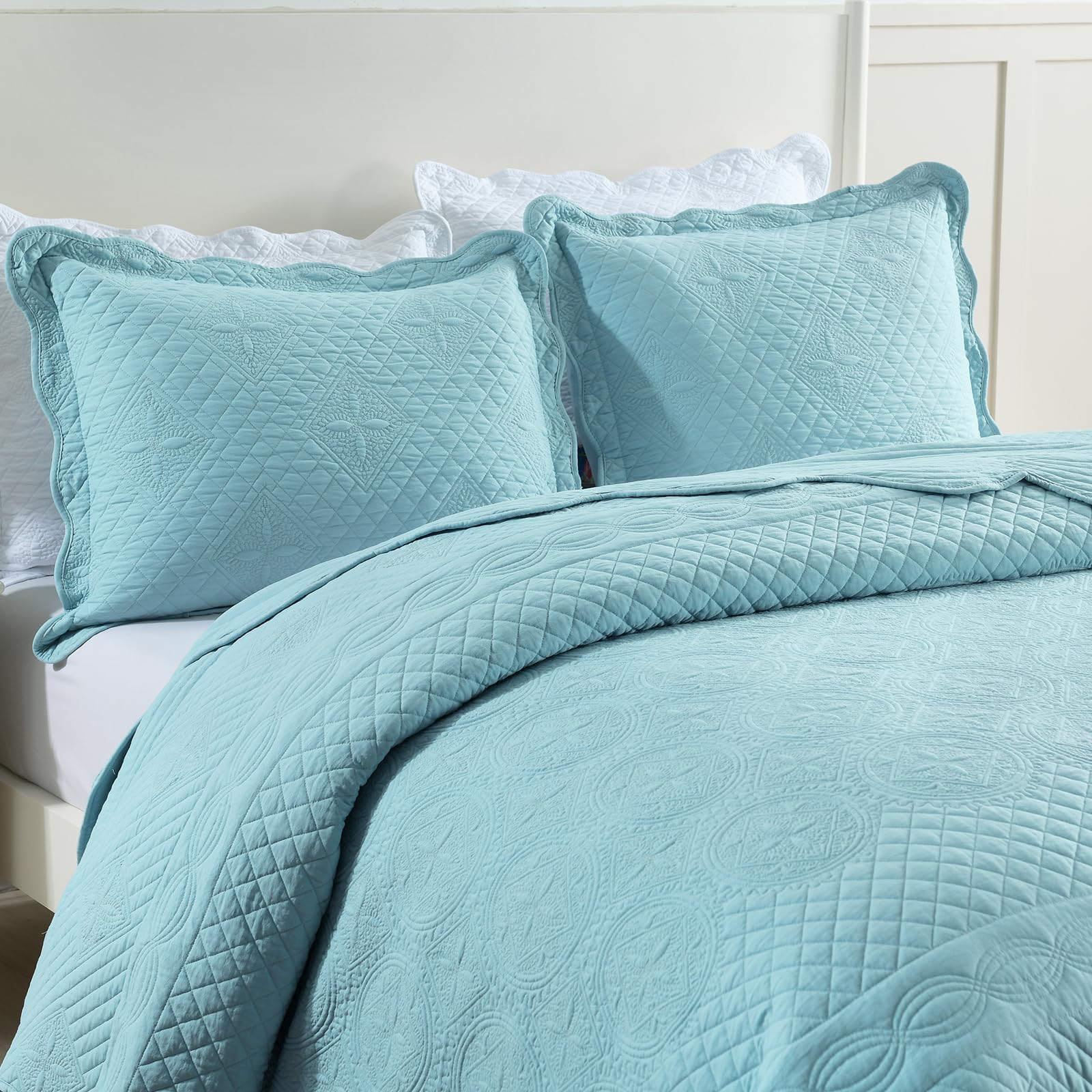 mixinni King Size Quilted Bedspread Blue All Season Soft Lightweight Quilt King Bedspread Coverlet Set, Perfect for Him and Her (3pcs, King Size)