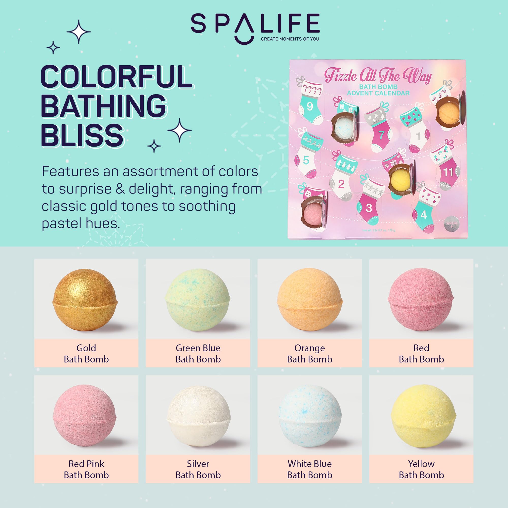 SpaLife Fizzle All The Way Bath Bomb Advent Calendar - 12 Days of Relaxation and Fun - Relaxing and Rejuvenating Bath Bombs - Perfect Christmas Holiday Gift Set